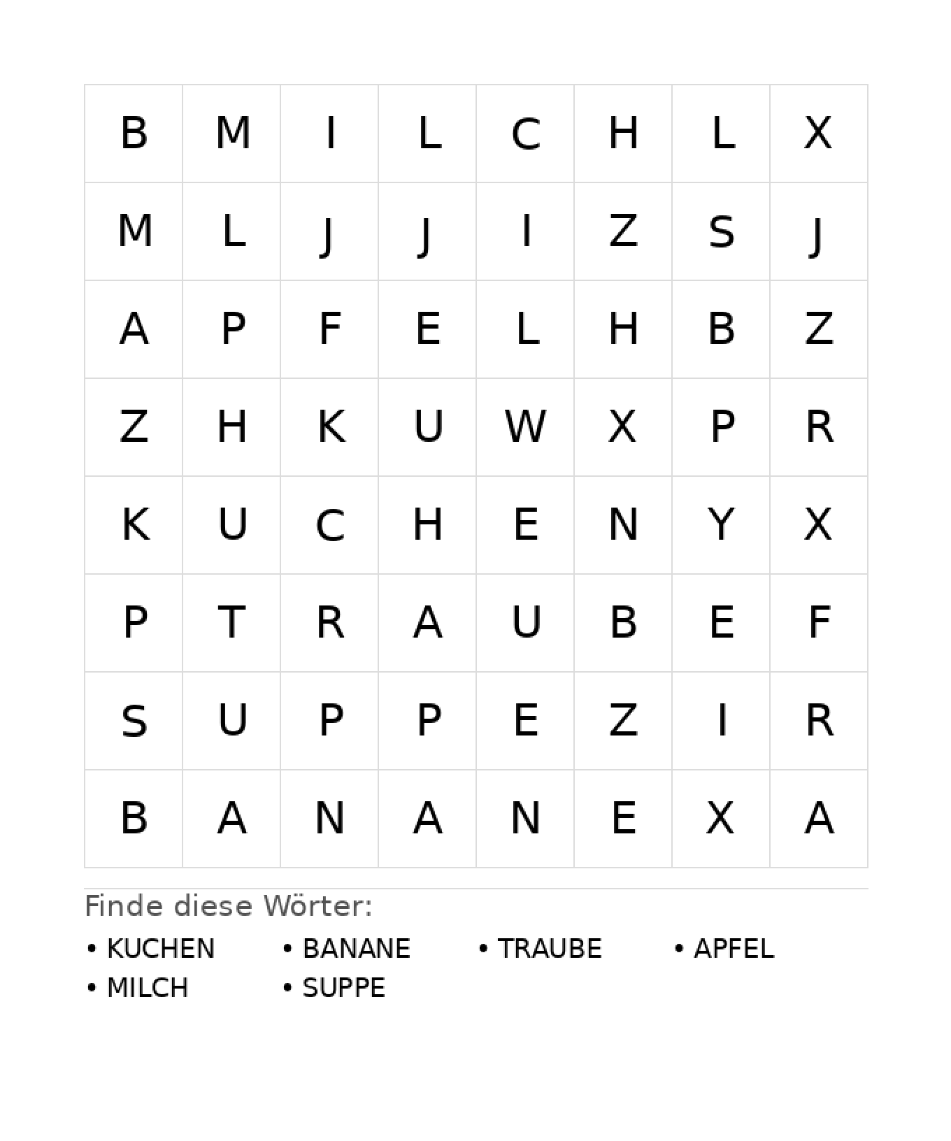 Wortsuchrätsel Wortsuchrätsel: Essen für Kindergarten aus der Kategorie Wortsuchrätsel - kostenlos ausdrucken