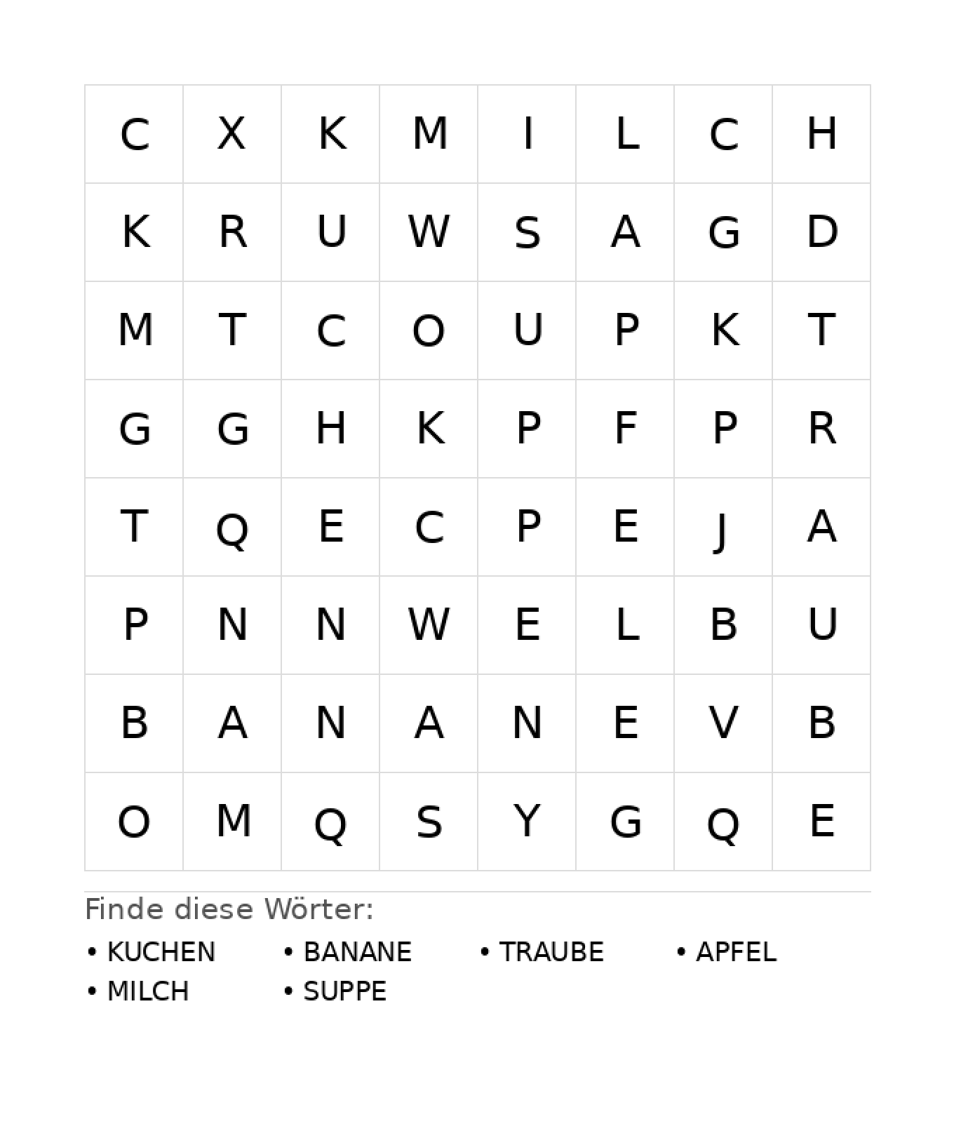 Wortsuchrätsel Wortsuchrätsel: Essen für Kindergarten aus der Kategorie Wortsuchrätsel - kostenlos ausdrucken