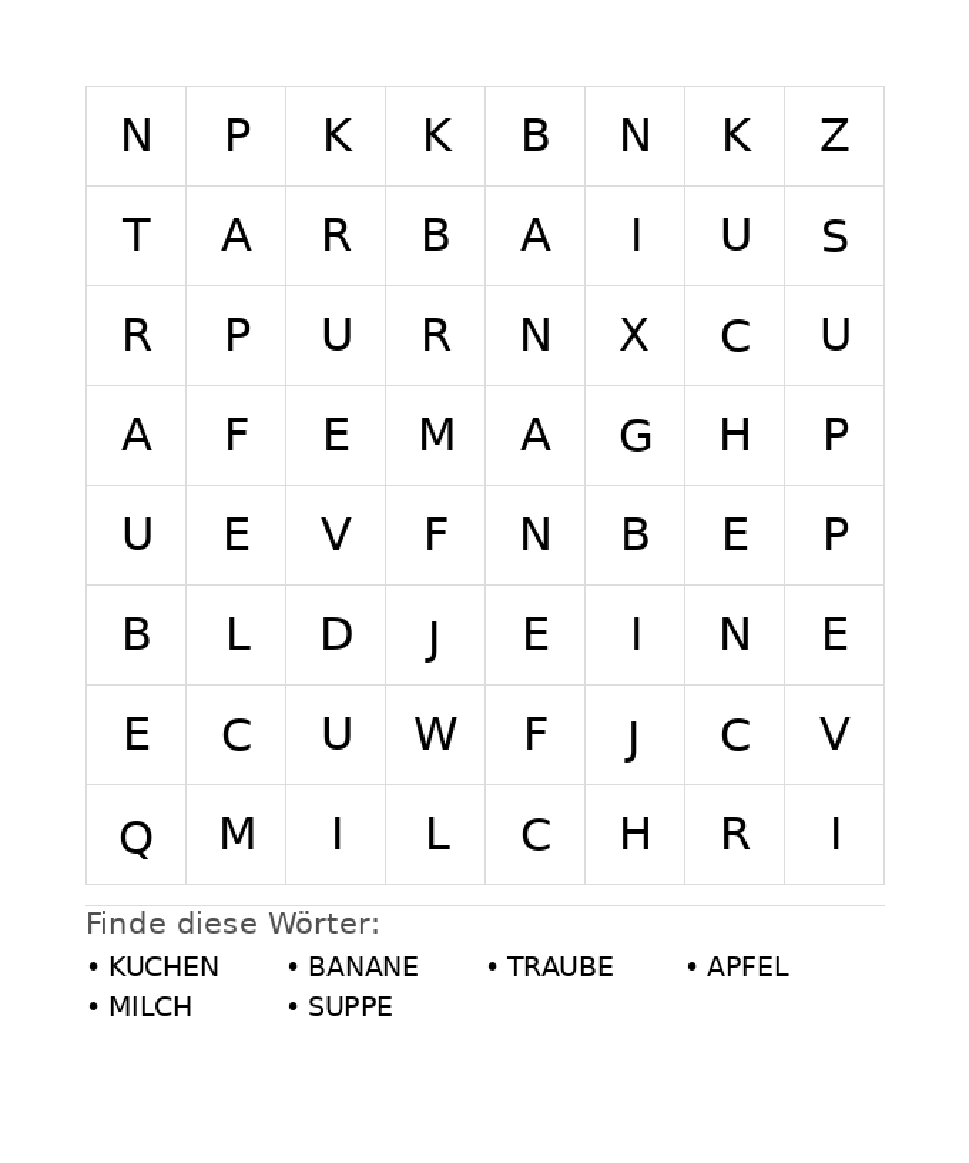 Wortsuchrätsel Wortsuchrätsel: Essen für Kindergarten aus der Kategorie Wortsuchrätsel - kostenlos ausdrucken