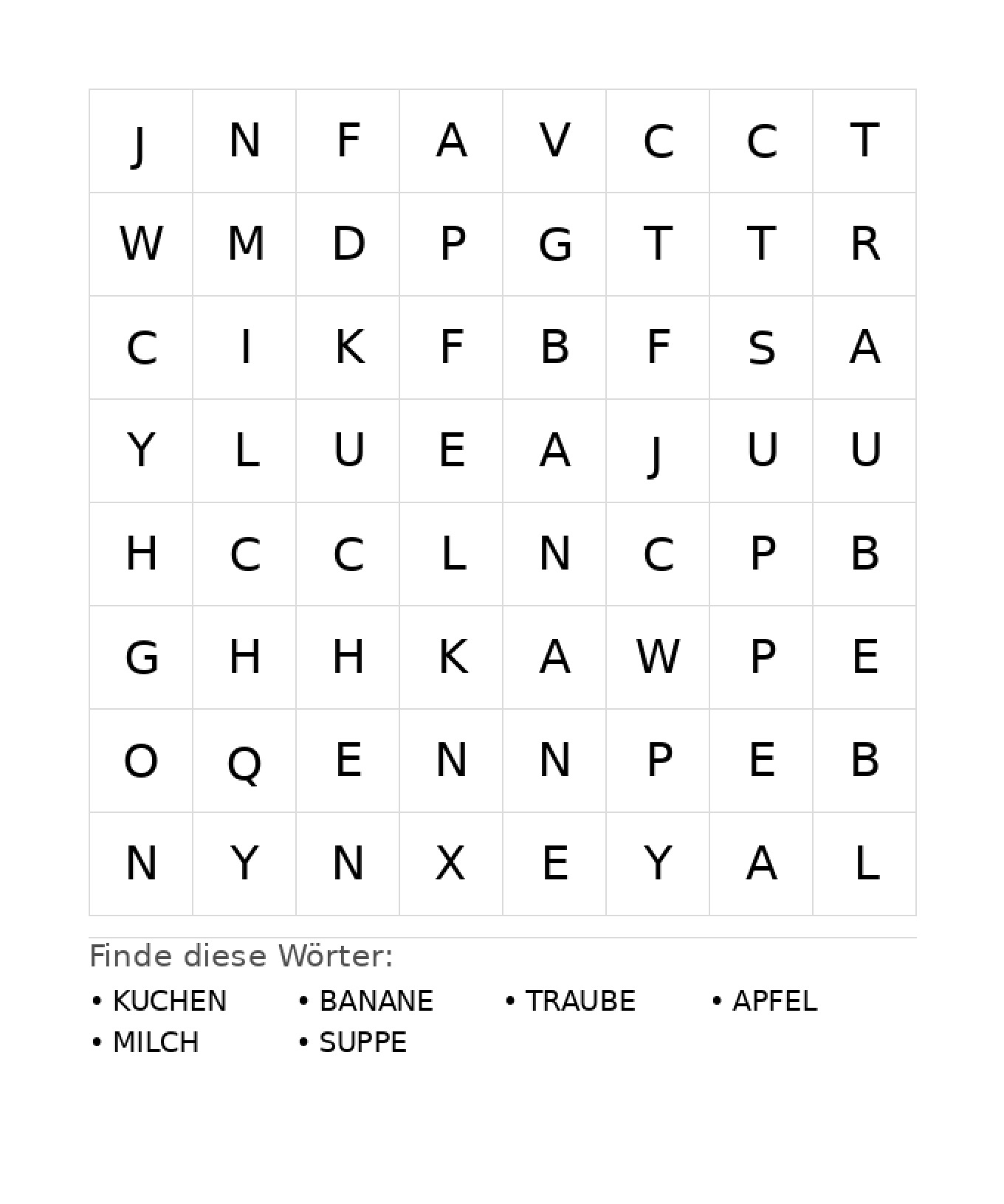 Wortsuchrätsel Wortsuchrätsel: Essen für Kindergarten aus der Kategorie Wortsuchrätsel - kostenlos ausdrucken