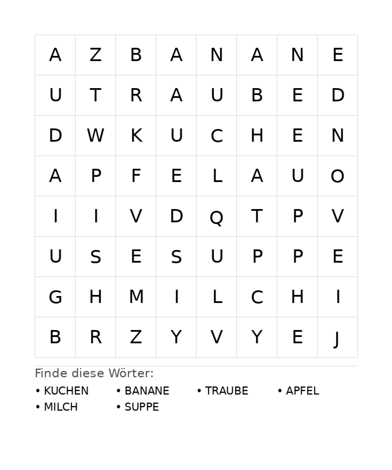 Wortsuchrätsel Wortsuchrätsel: Essen für Kindergarten aus der Kategorie Wortsuchrätsel - kostenlos ausdrucken