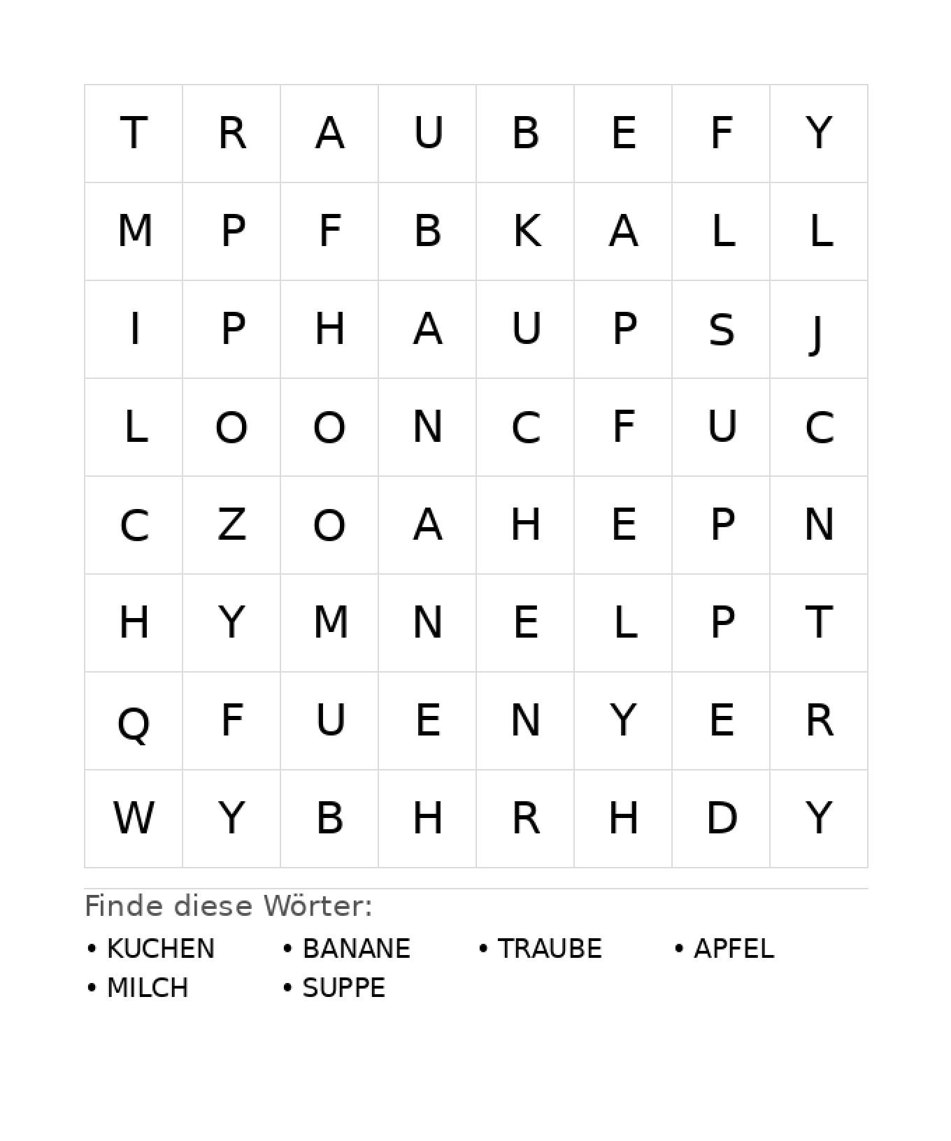 Wortsuchrätsel Wortsuchrätsel: Essen für Kindergarten aus der Kategorie Wortsuchrätsel - kostenlos ausdrucken