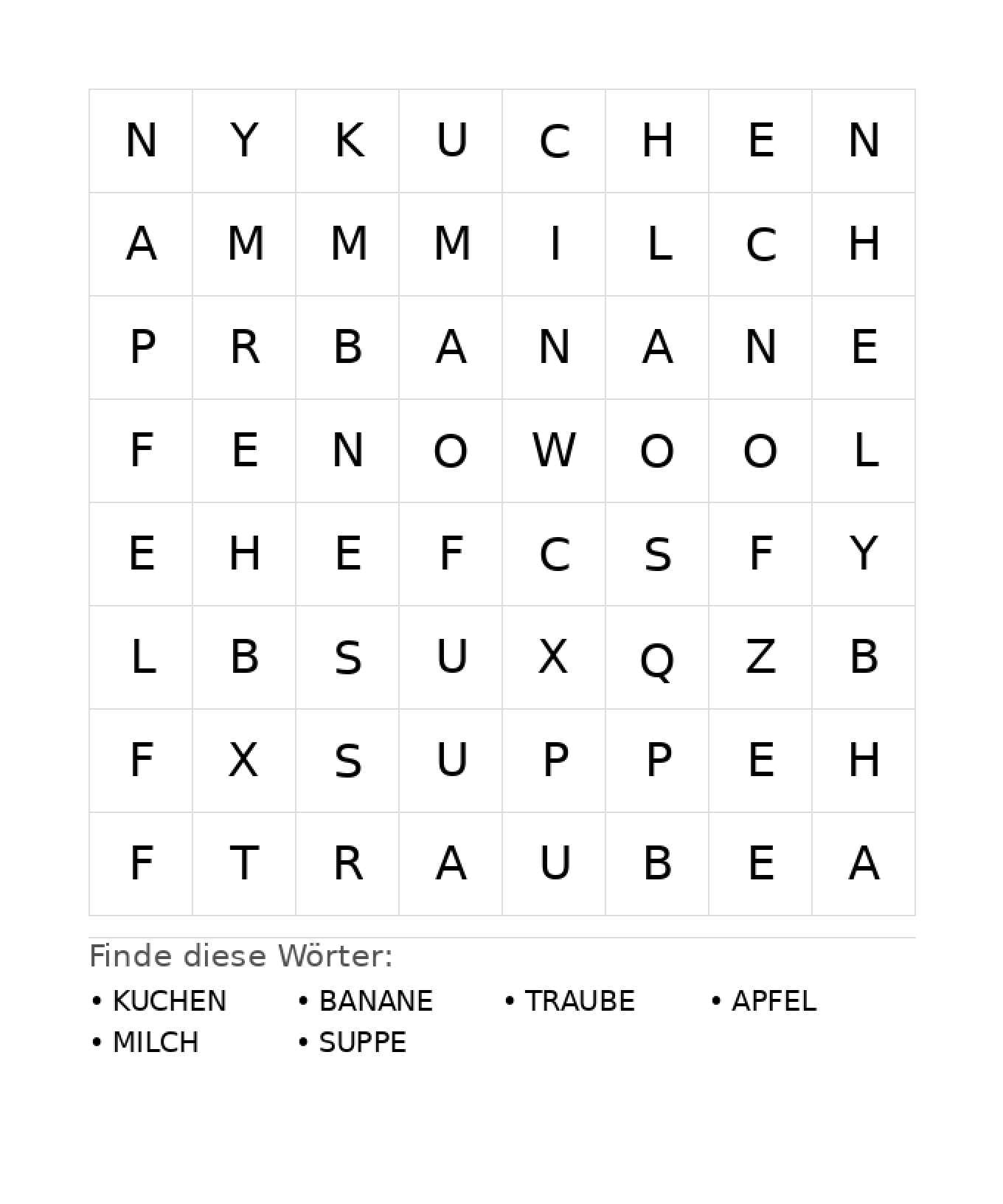 Wortsuchrätsel Wortsuchrätsel: Essen für Kindergarten aus der Kategorie Wortsuchrätsel - kostenlos ausdrucken