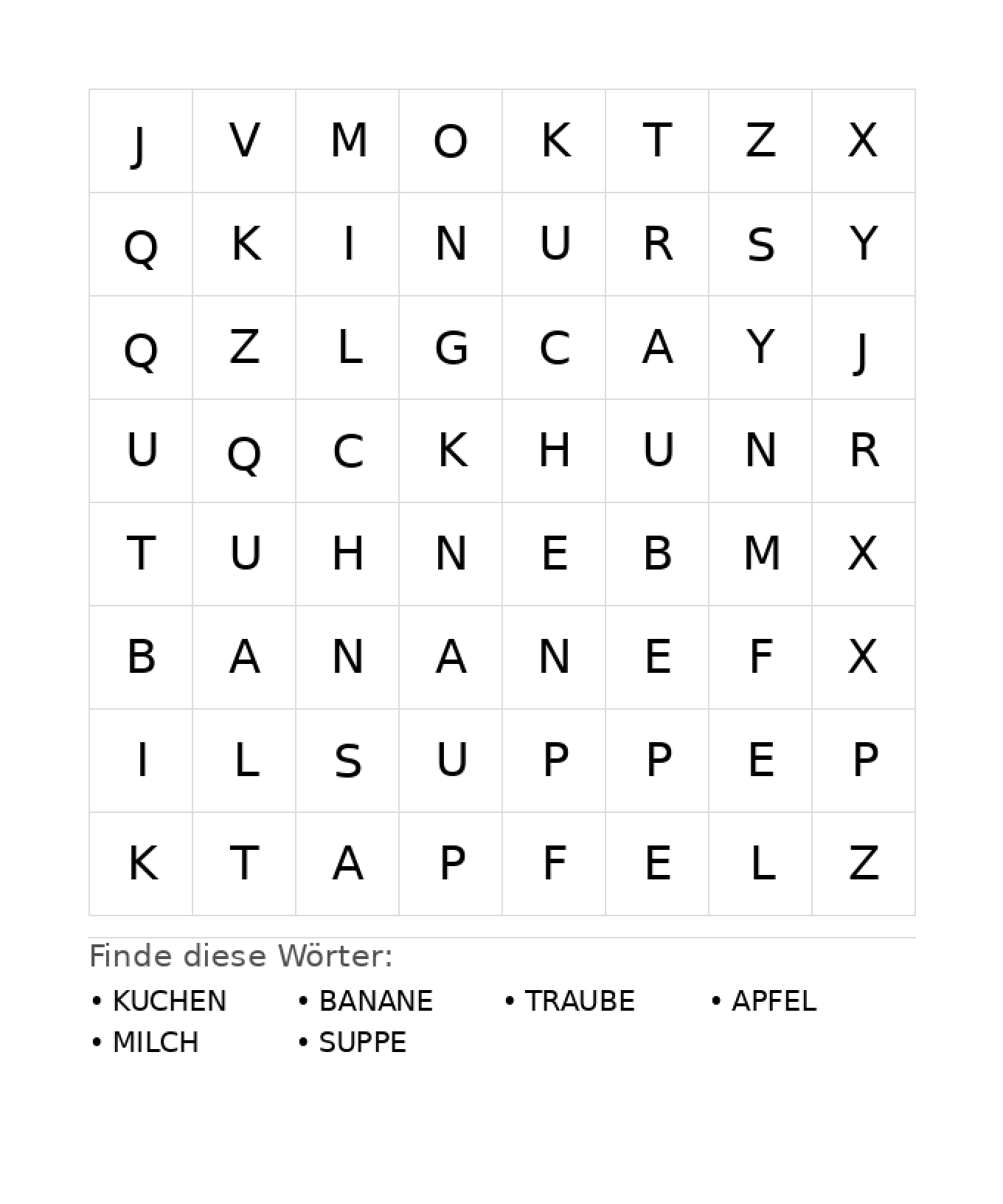 Wortsuchrätsel Wortsuchrätsel: Essen für Kindergarten aus der Kategorie Wortsuchrätsel - kostenlos ausdrucken