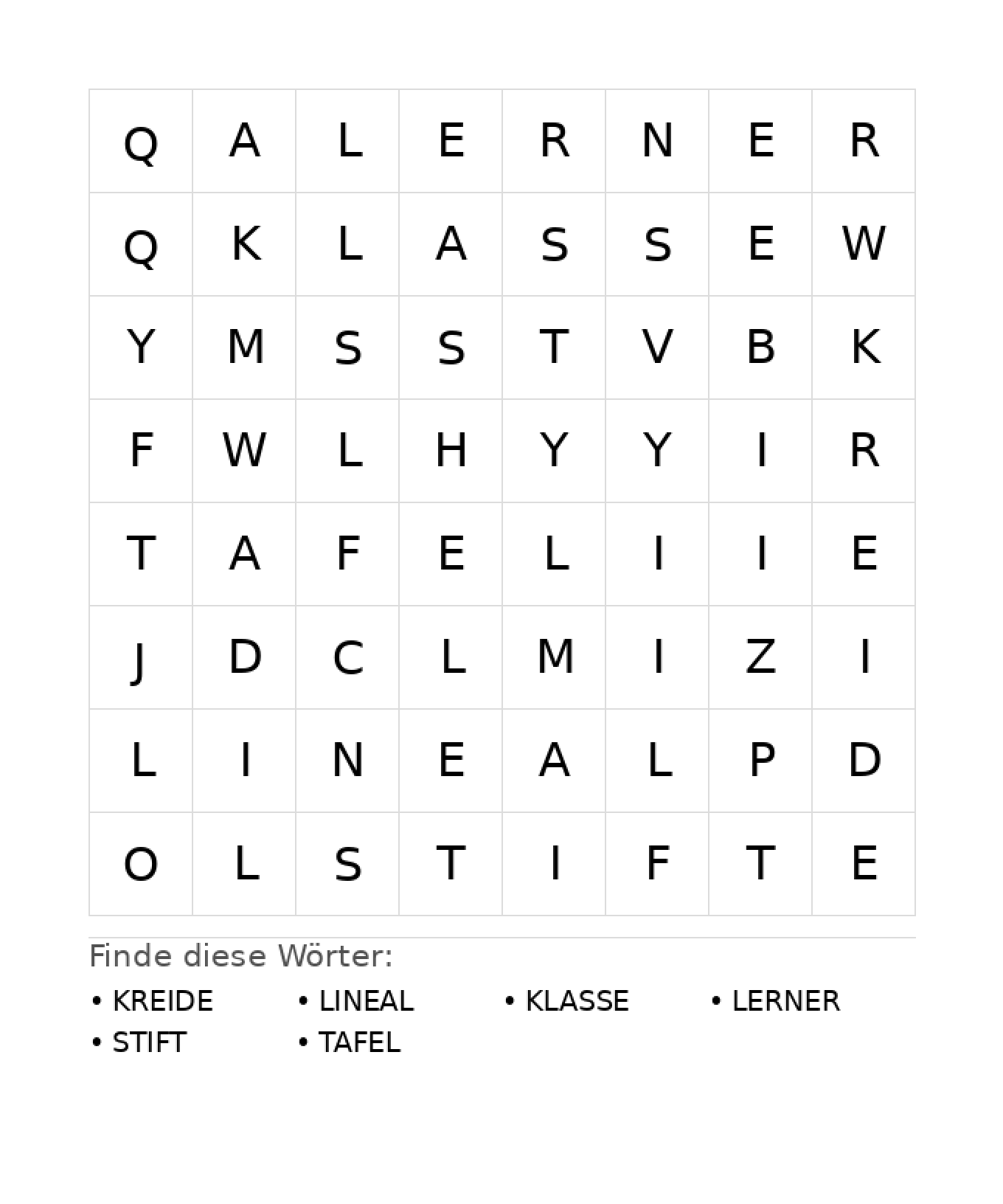 Wortsuchrätsel Wortsuchrätsel: Schule für Kindergarten aus der Kategorie Wortsuchrätsel - kostenlos ausdrucken