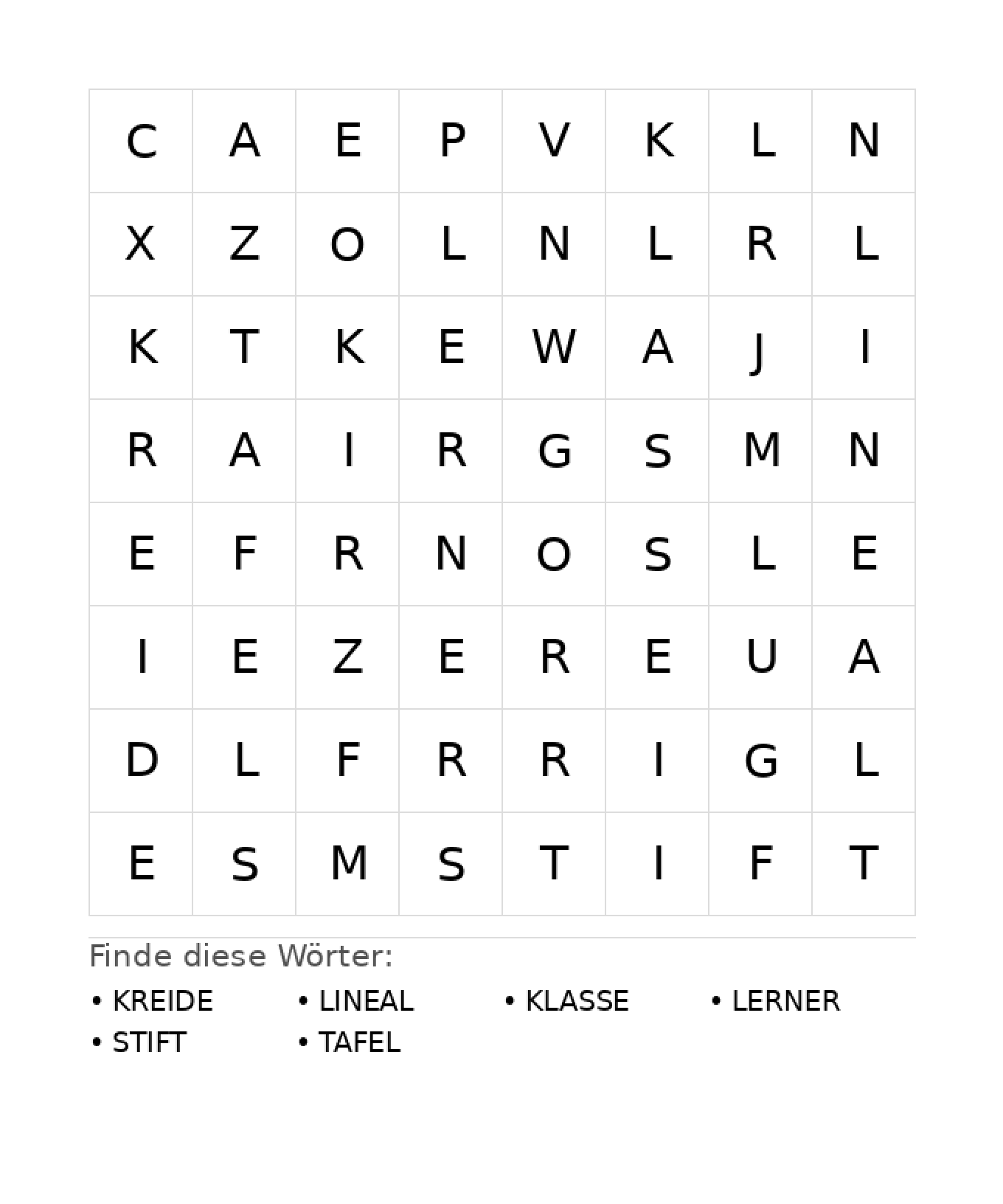 Wortsuchrätsel Wortsuchrätsel: Schule für Kindergarten aus der Kategorie Wortsuchrätsel - kostenlos ausdrucken