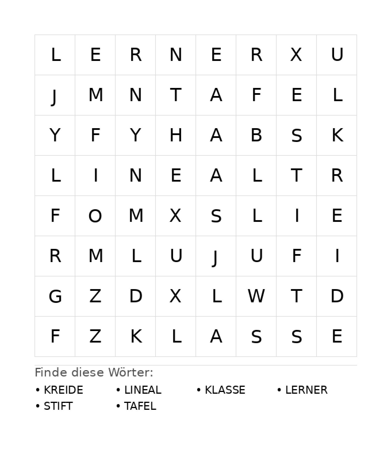 Wortsuchrätsel Wortsuchrätsel: Schule für Kindergarten aus der Kategorie Wortsuchrätsel - kostenlos ausdrucken