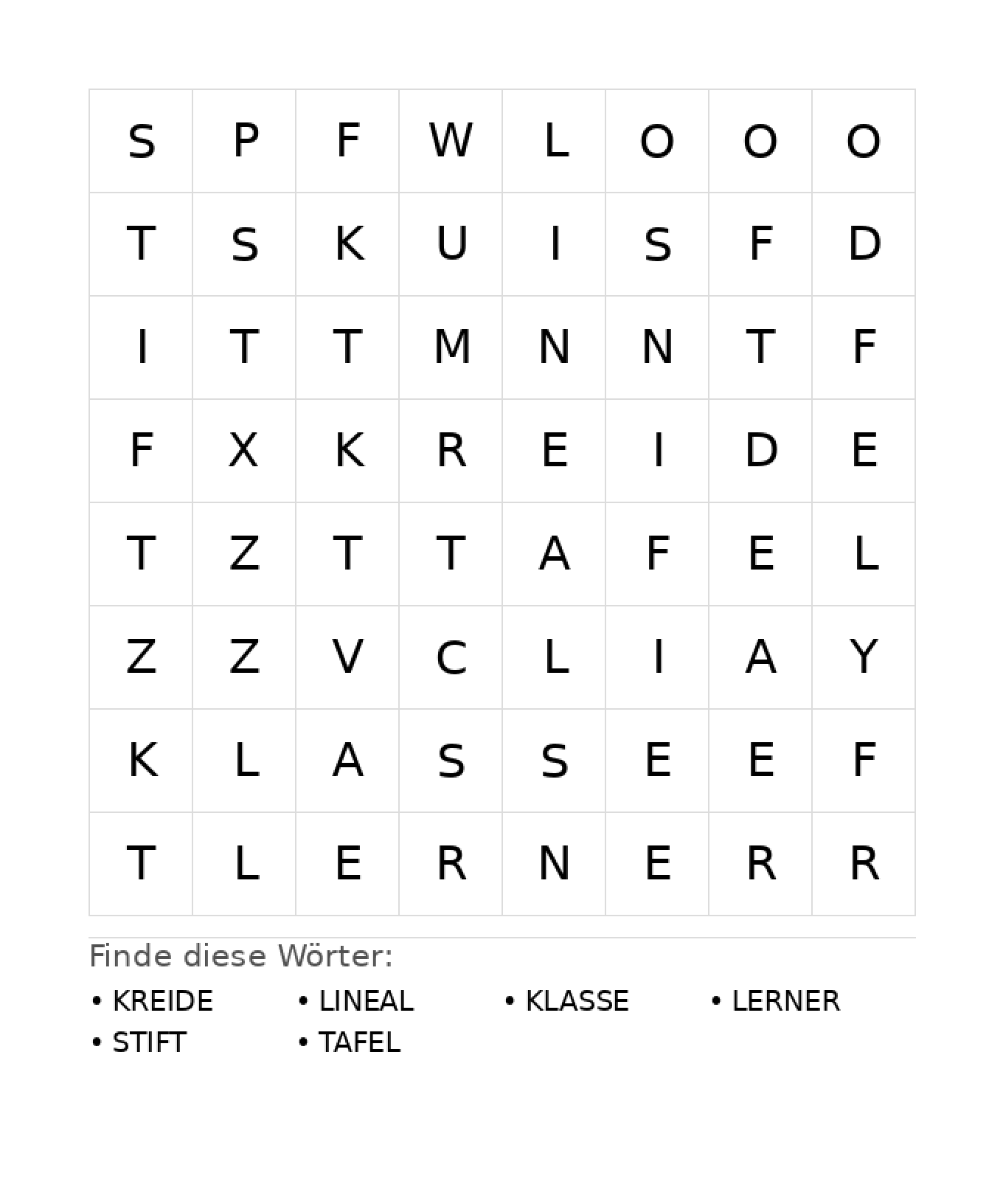 Wortsuchrätsel Wortsuchrätsel: Schule für Kindergarten aus der Kategorie Wortsuchrätsel - kostenlos ausdrucken