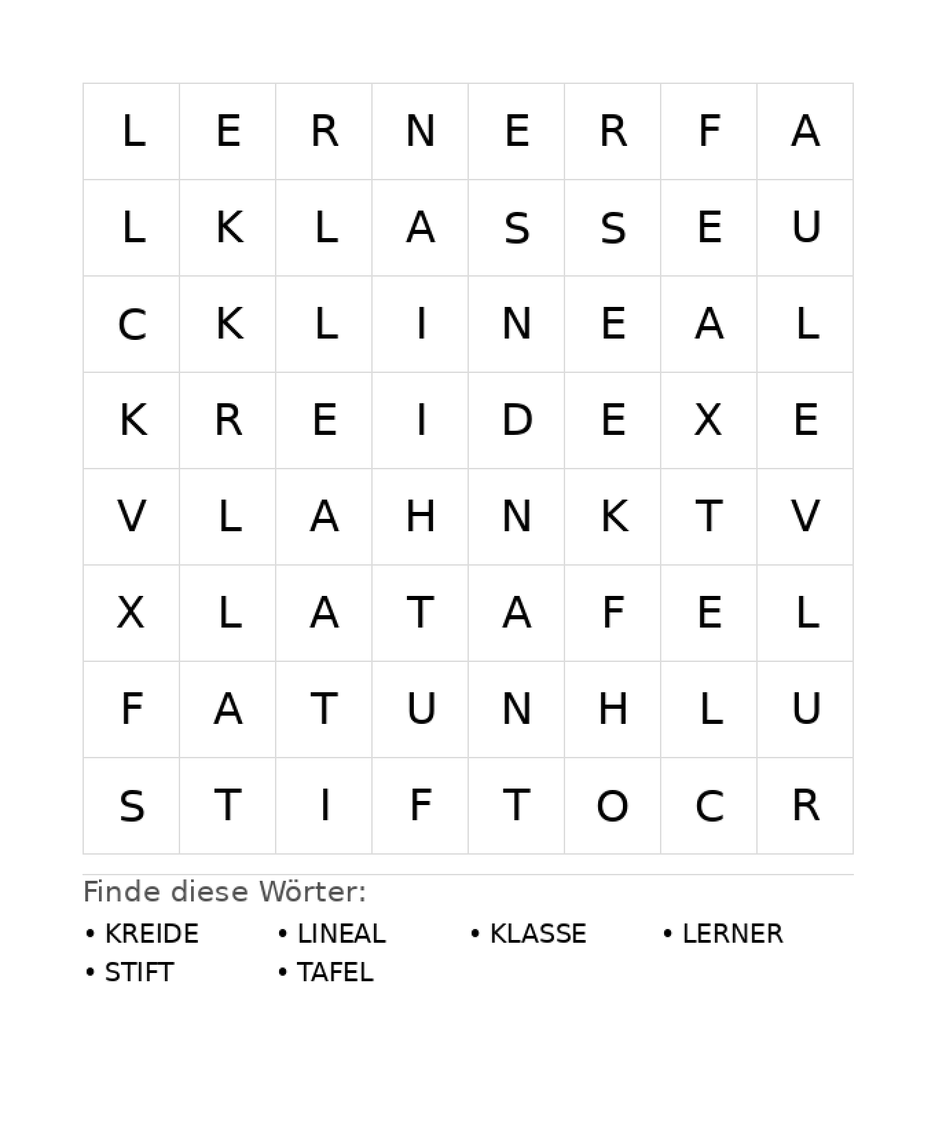 Wortsuchrätsel Wortsuchrätsel: Schule für Kindergarten aus der Kategorie Wortsuchrätsel - kostenlos ausdrucken