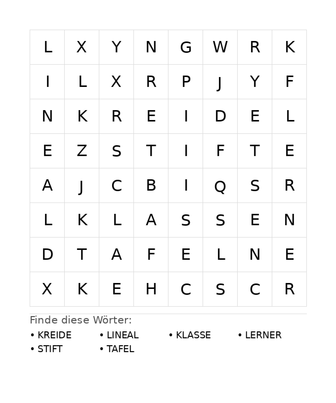 Wortsuchrätsel Wortsuchrätsel: Schule für Kindergarten aus der Kategorie Wortsuchrätsel - kostenlos ausdrucken