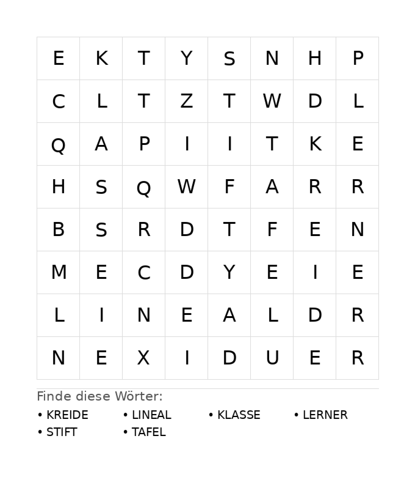 Wortsuchrätsel Wortsuchrätsel: Schule für Kindergarten aus der Kategorie Wortsuchrätsel - kostenlos ausdrucken