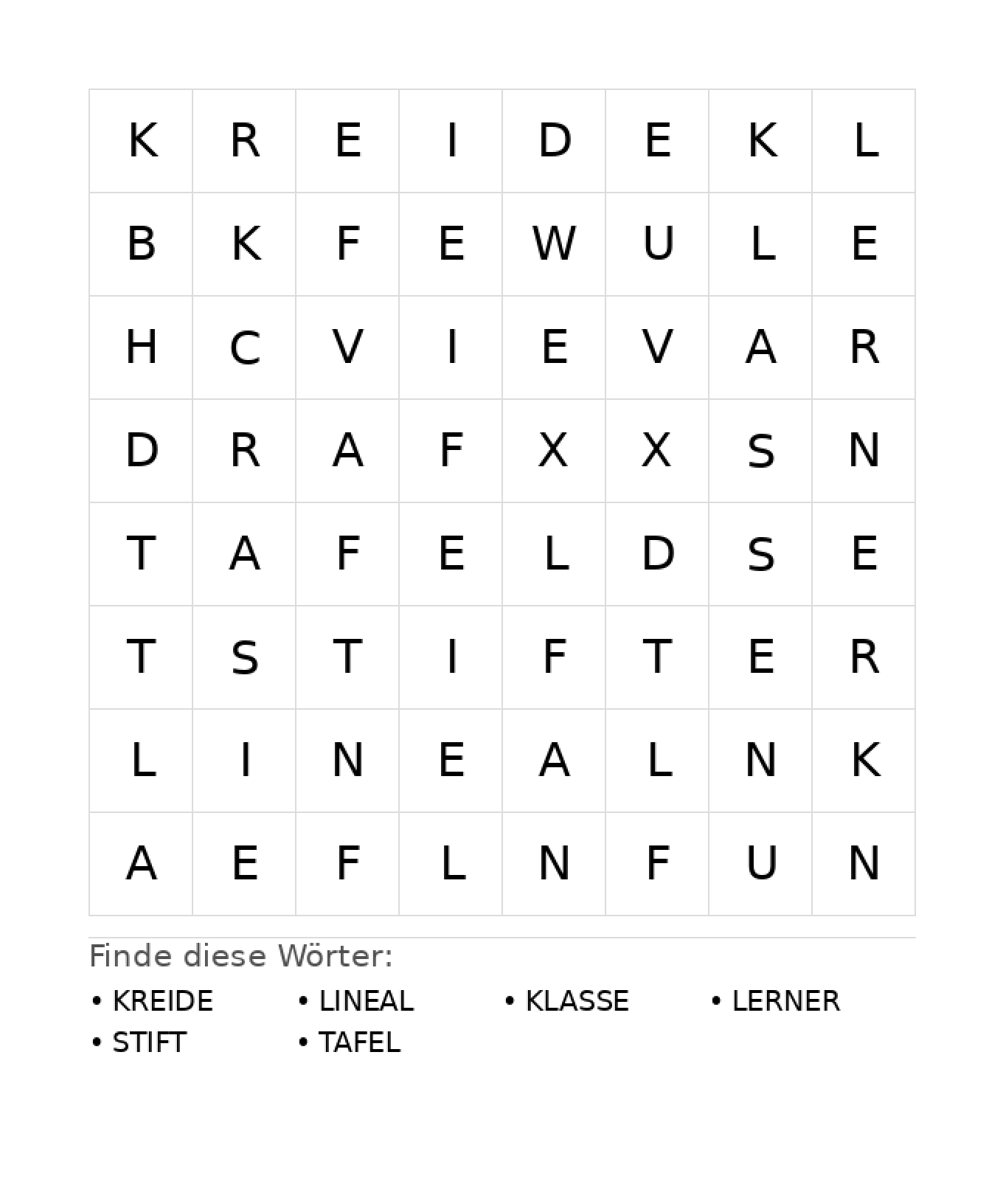 Wortsuchrätsel Wortsuchrätsel: Schule für Kindergarten aus der Kategorie Wortsuchrätsel - kostenlos ausdrucken
