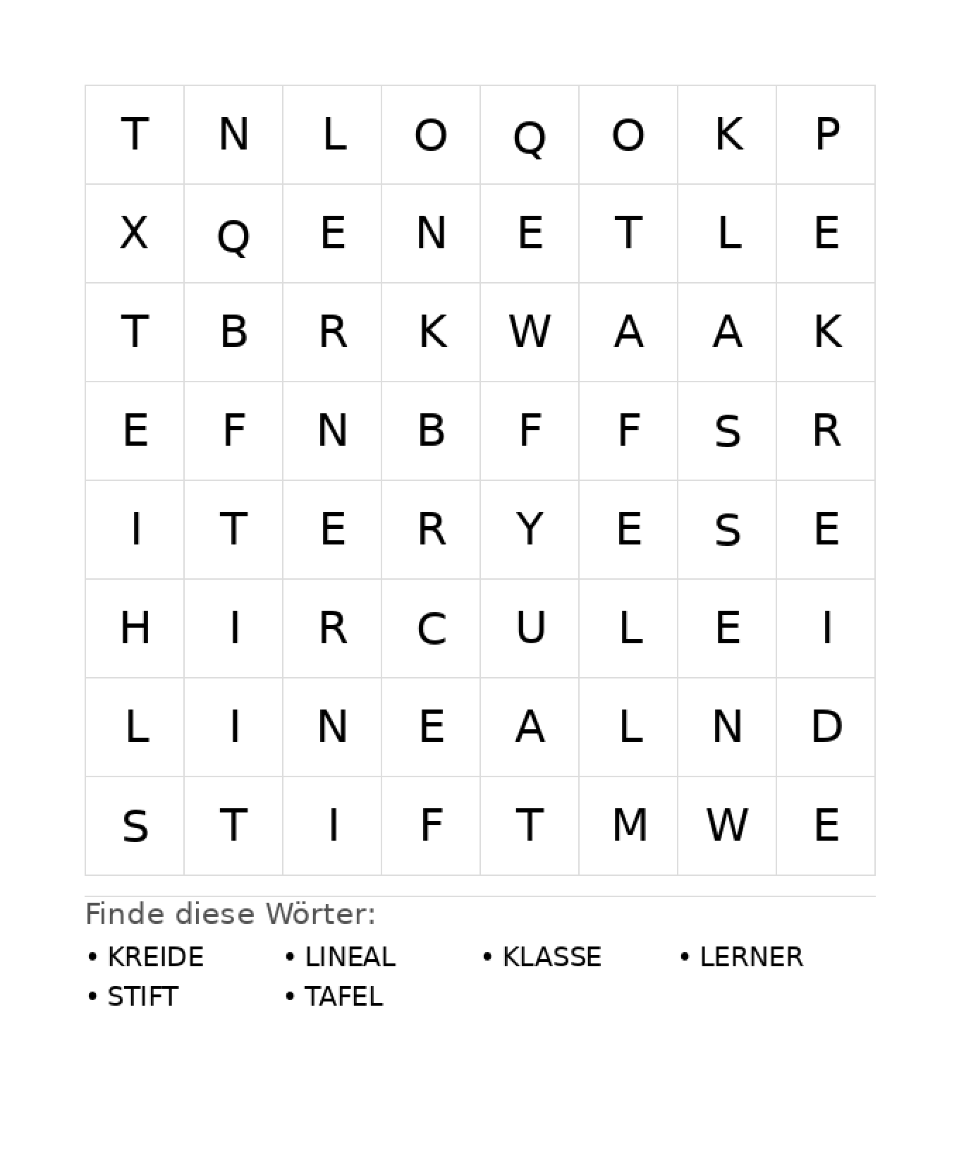 Wortsuchrätsel Wortsuchrätsel: Schule für Kindergarten aus der Kategorie Wortsuchrätsel - kostenlos ausdrucken