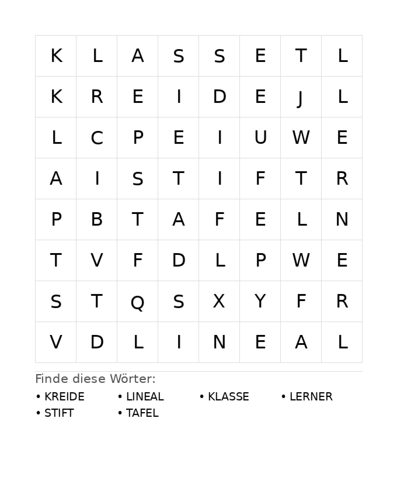 Wortsuchrätsel Wortsuchrätsel: Schule für Kindergarten aus der Kategorie Wortsuchrätsel - kostenlos ausdrucken
