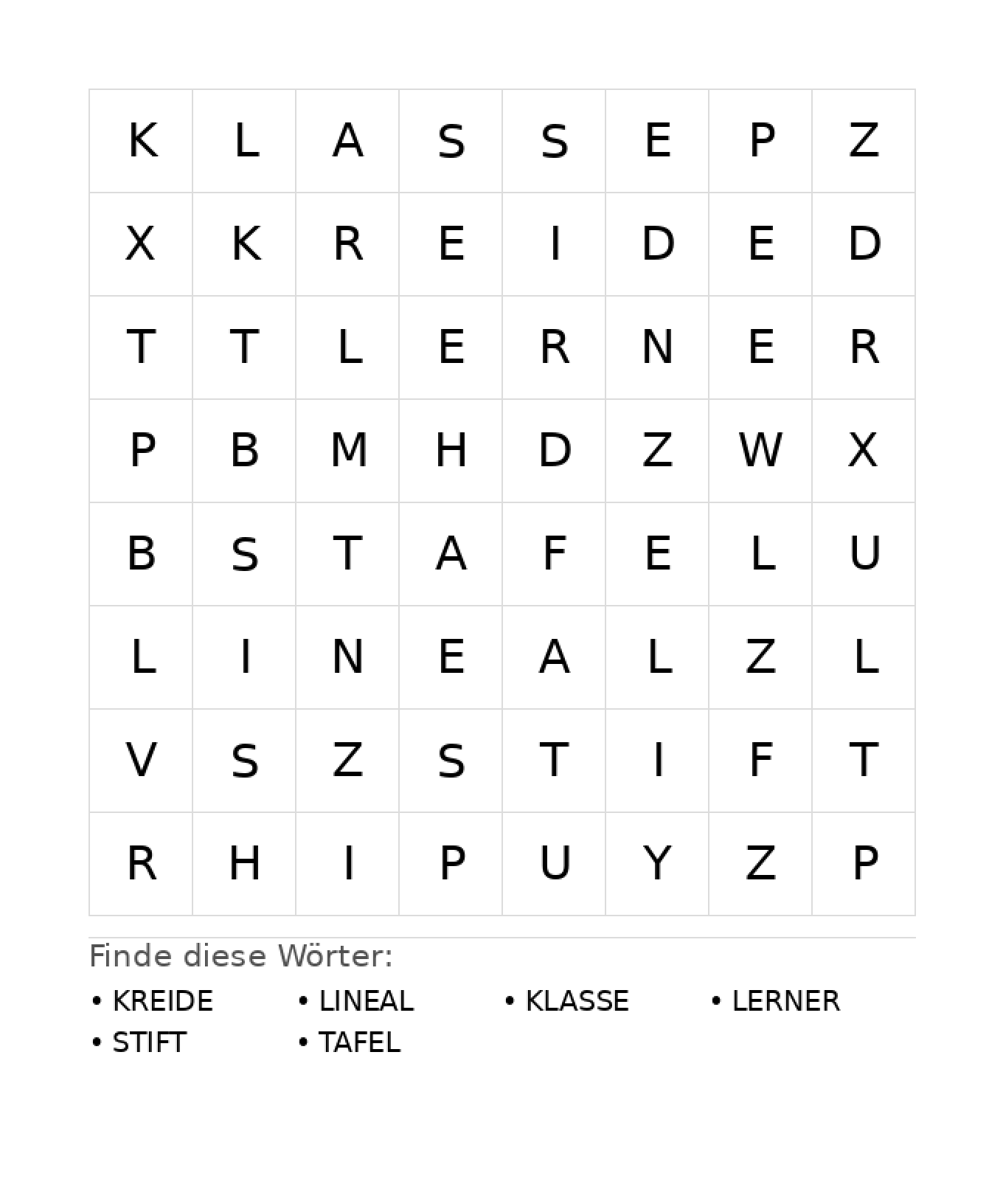 Wortsuchrätsel Wortsuchrätsel: Schule für Kindergarten aus der Kategorie Wortsuchrätsel - kostenlos ausdrucken