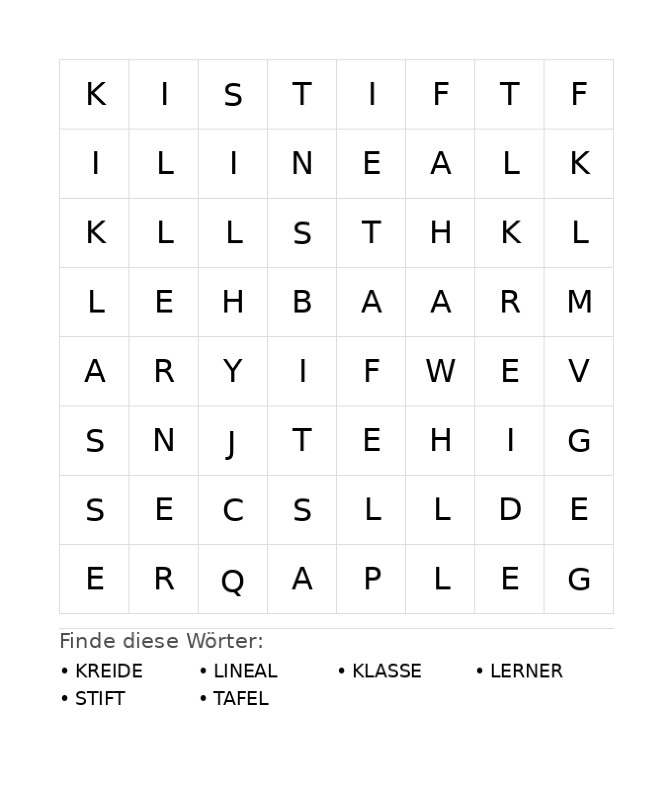 Wortsuchrätsel Wortsuchrätsel: Schule für Kindergarten aus der Kategorie Wortsuchrätsel - kostenlos ausdrucken