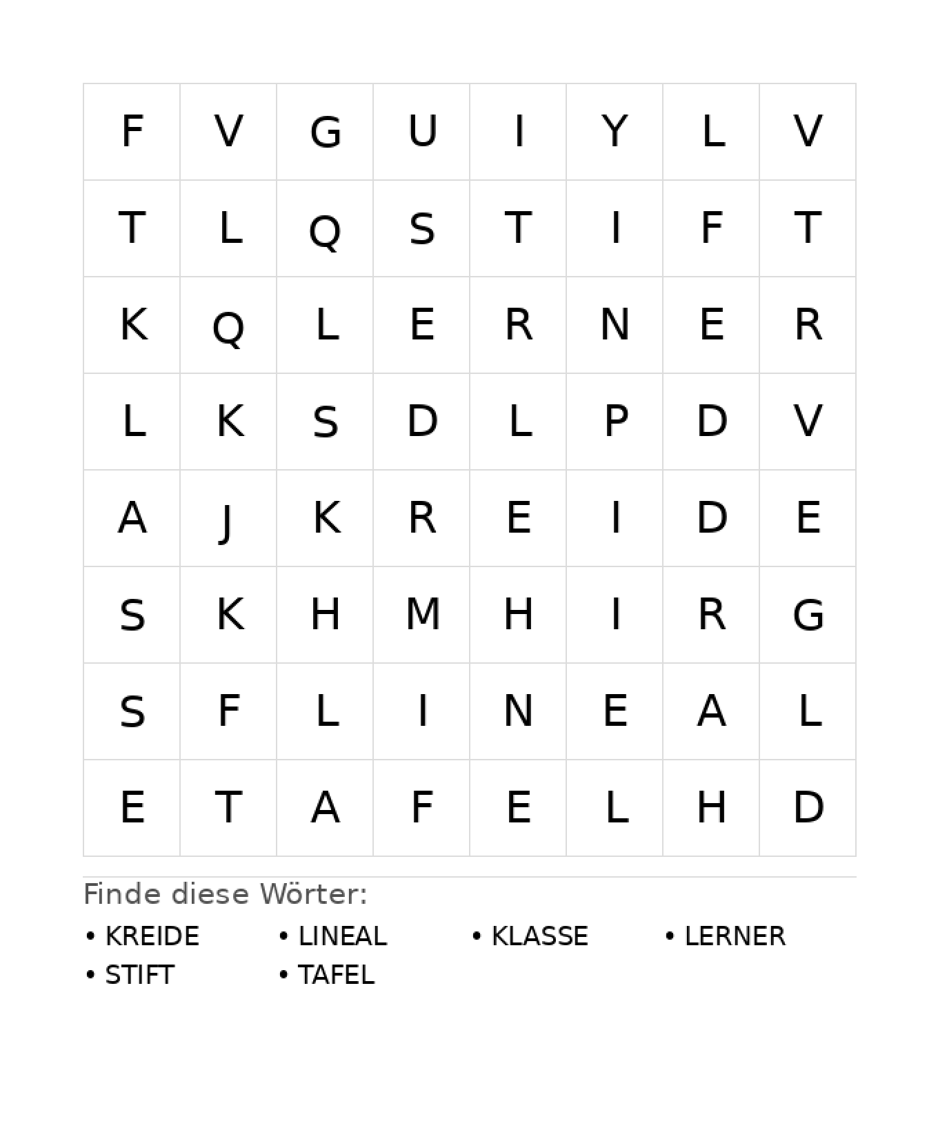 Wortsuchrätsel Wortsuchrätsel: Schule für Kindergarten aus der Kategorie Wortsuchrätsel - kostenlos ausdrucken