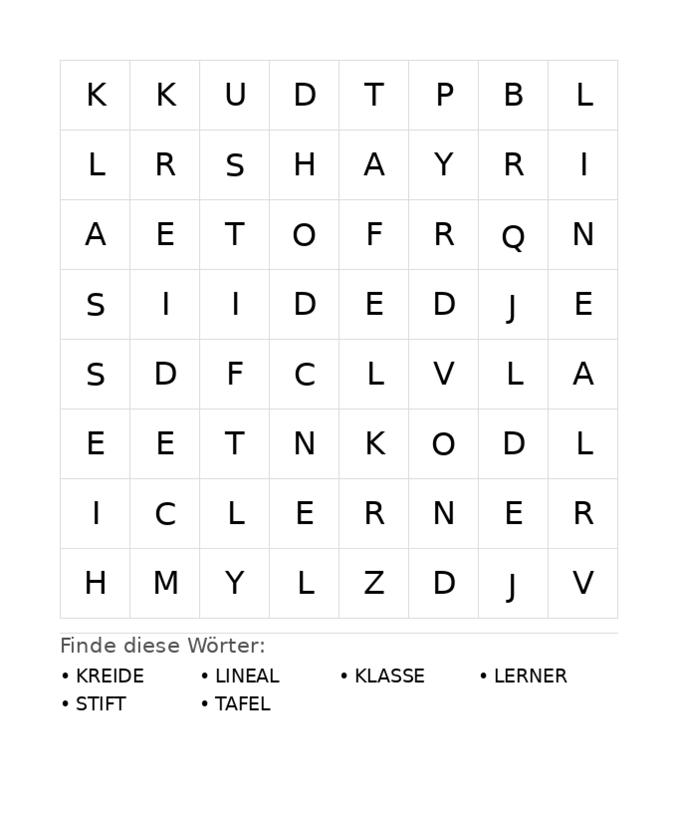 Wortsuchrätsel Wortsuchrätsel: Schule für Kindergarten aus der Kategorie Wortsuchrätsel - kostenlos ausdrucken