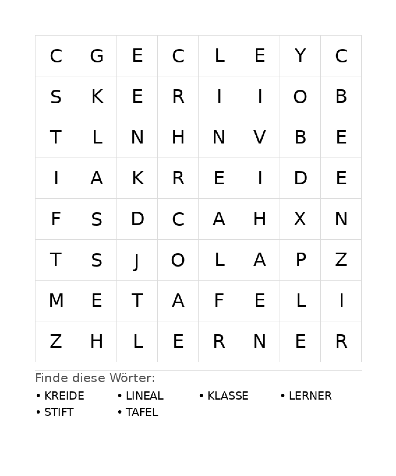Wortsuchrätsel Wortsuchrätsel: Schule für Kindergarten aus der Kategorie Wortsuchrätsel - kostenlos ausdrucken