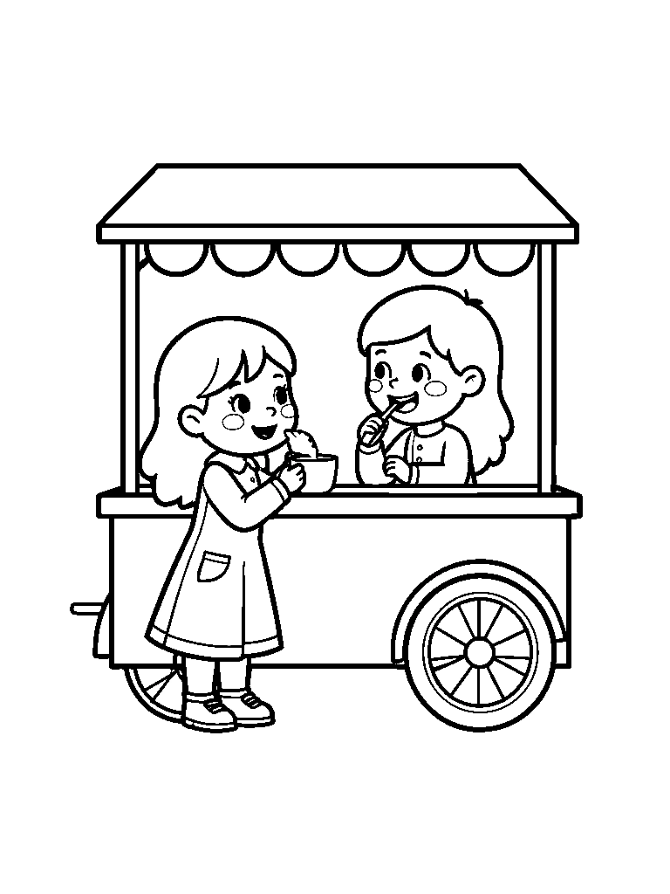 Ausmalbild Mädchen, dass an einem Eiswagen ein Ein isst. - Ausmalbild aus der Kategorie Essen & Trinken - kostenlos ausdrucken