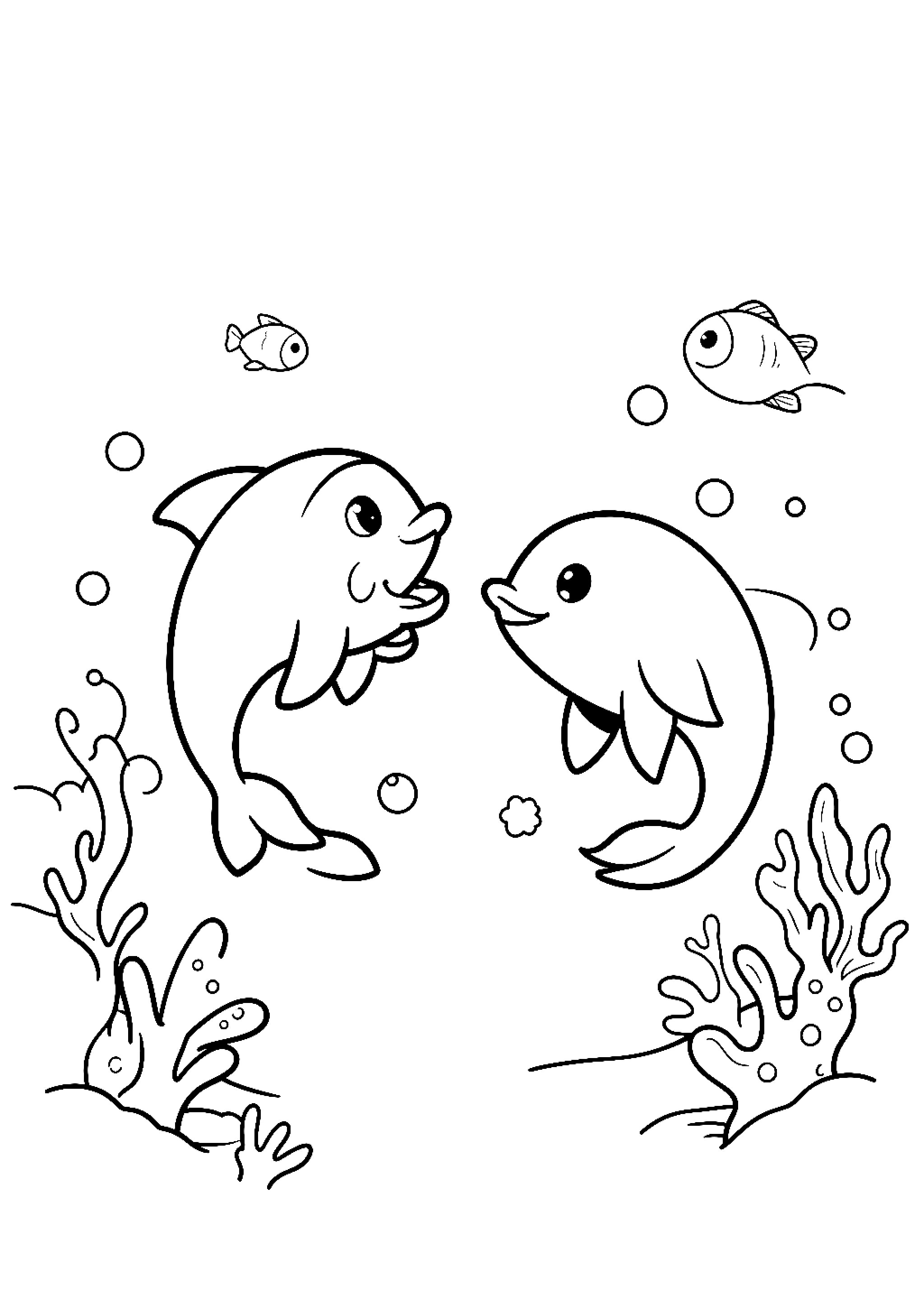 Ausmalbild Delfine im Meer die miteinander spielen. - Ausmalbild aus der Kategorie Tiere - kostenlos ausdrucken