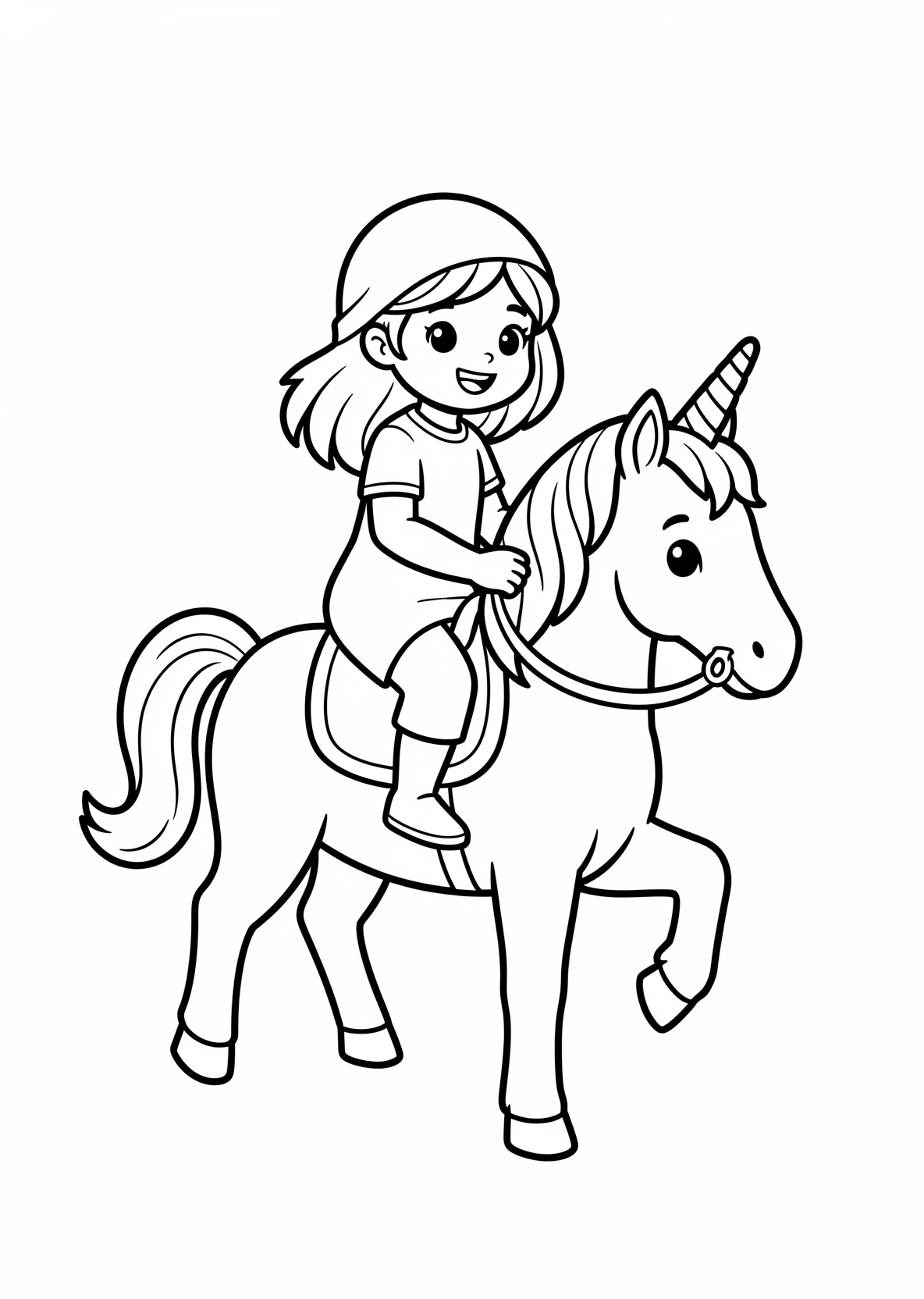 Ausmalbild Mädchen das auf einem Einhorn reitet. - Ausmalbild aus der Kategorie Tiere - kostenlos ausdrucken