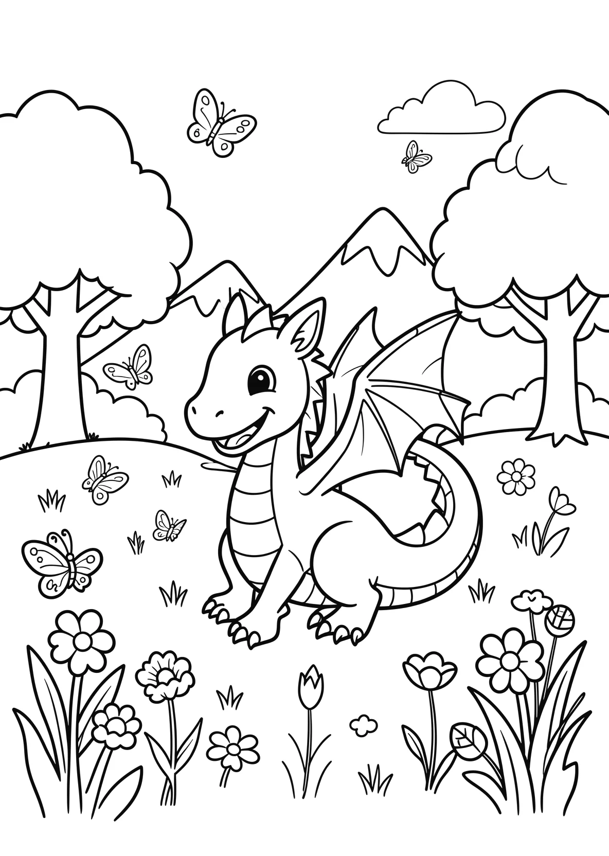 Ausmalbild Freundlicher Drache spielt auf einer Blumenwiese - Ausmalbild aus der Kategorie Tiere - kostenlos ausdrucken