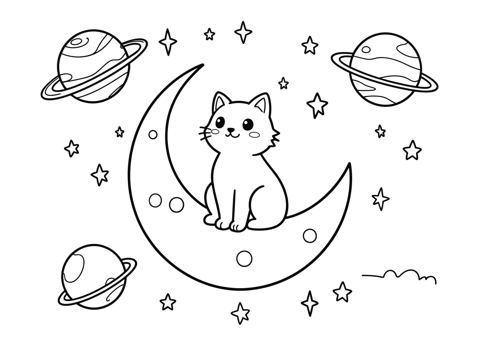 Ausmalbild Katze sitzt auf dem Mond und schaut die Sterne an - Ausmalbild aus der Kategorie Tiere - kostenlos ausdrucken