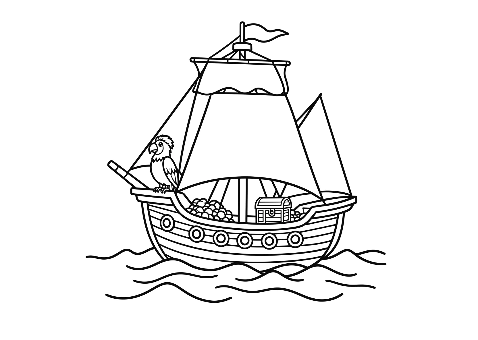 Ausmalbild Piratenschiff auf hoher See mit Papagei - Ausmalbild aus der Kategorie Maerchen - kostenlos ausdrucken