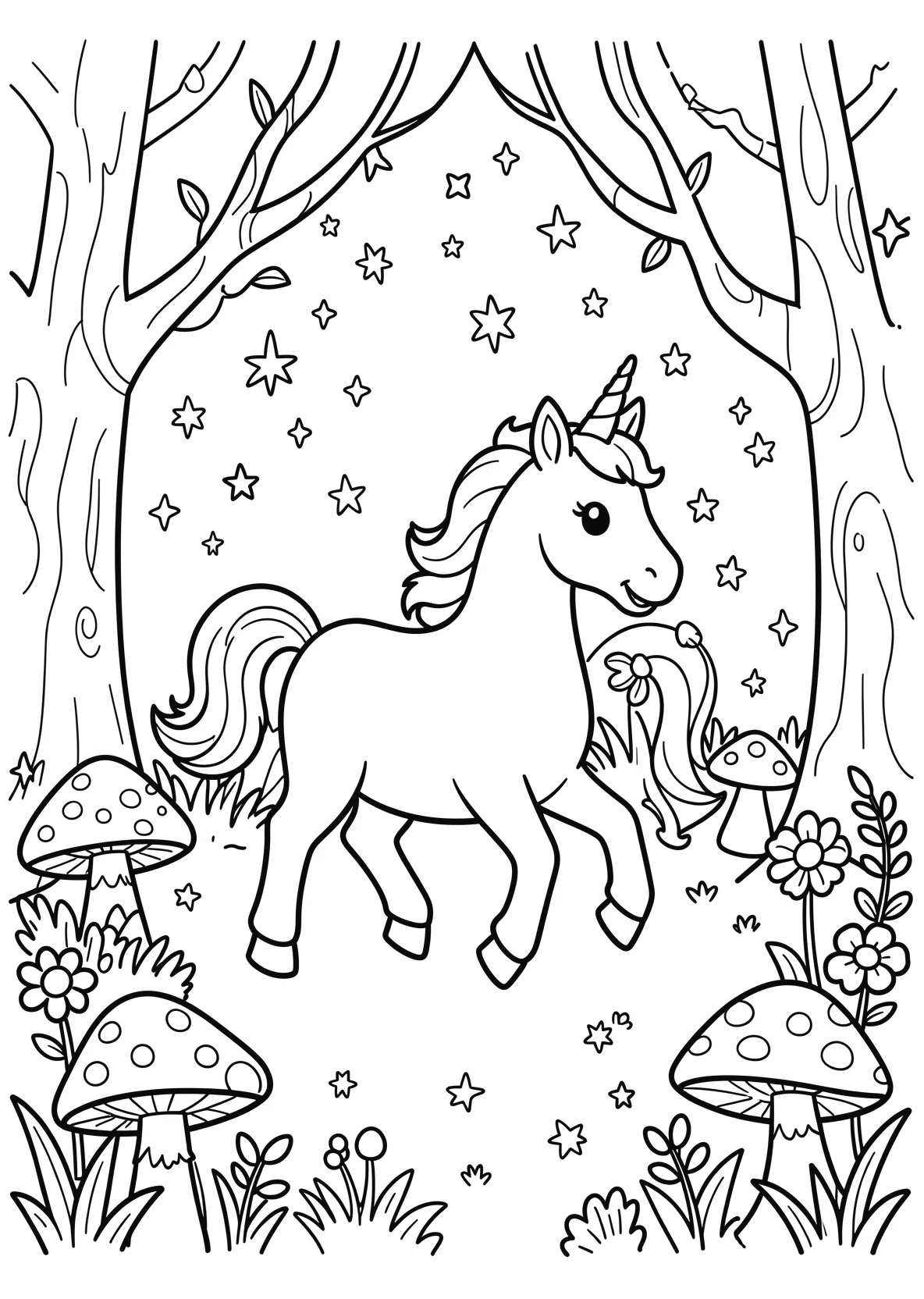 Ausmalbild Einhorn galoppiert durch einen Zauberwald mit - Ausmalbild aus der Kategorie Maerchen - kostenlos ausdrucken