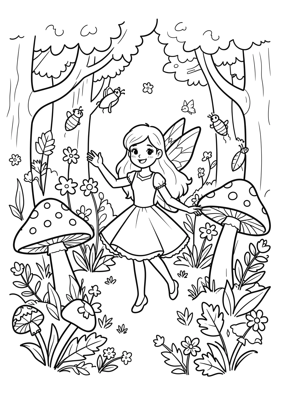 Ausmalbild Fee tanzt zwischen großen Pilzen im Wald mit - Ausmalbild aus der Kategorie Maerchen - kostenlos ausdrucken