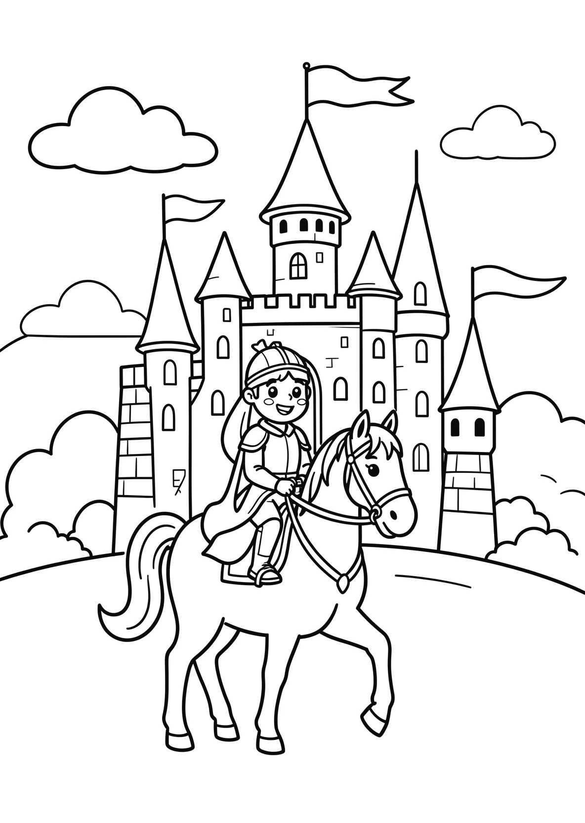 Ausmalbild Ritter auf einem Pferd vor einer großen Burg mit - Ausmalbild aus der Kategorie Maerchen - kostenlos ausdrucken