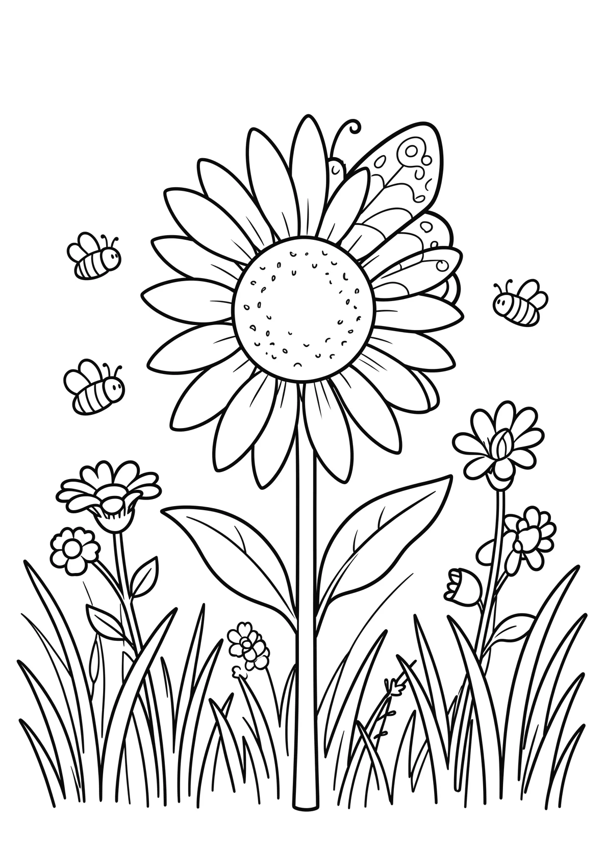 Ausmalbild Schmetterling sitzt auf einer großen Sonnenblume - Ausmalbild aus der Kategorie Natur - kostenlos ausdrucken