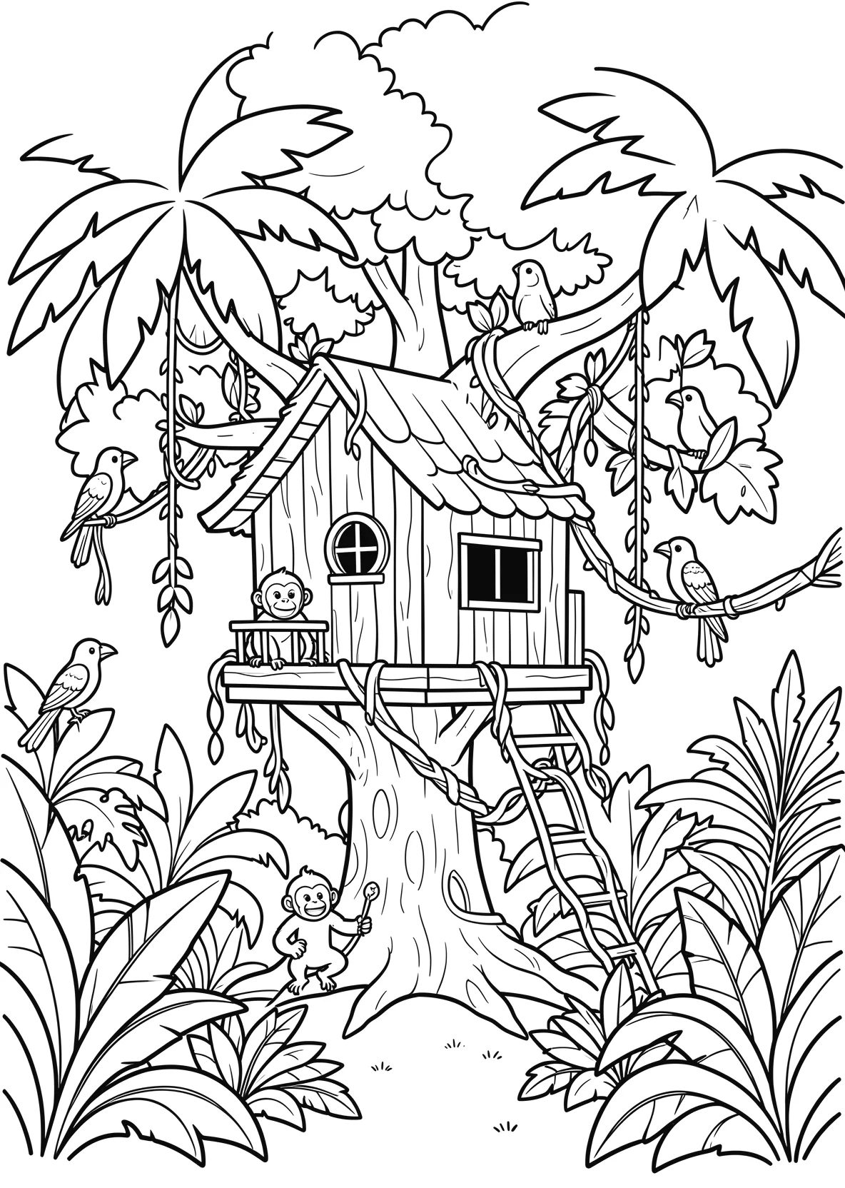 Ausmalbild Baumhaus im Dschungel mit Affen - Ausmalbild aus der Kategorie Tiere - kostenlos ausdrucken