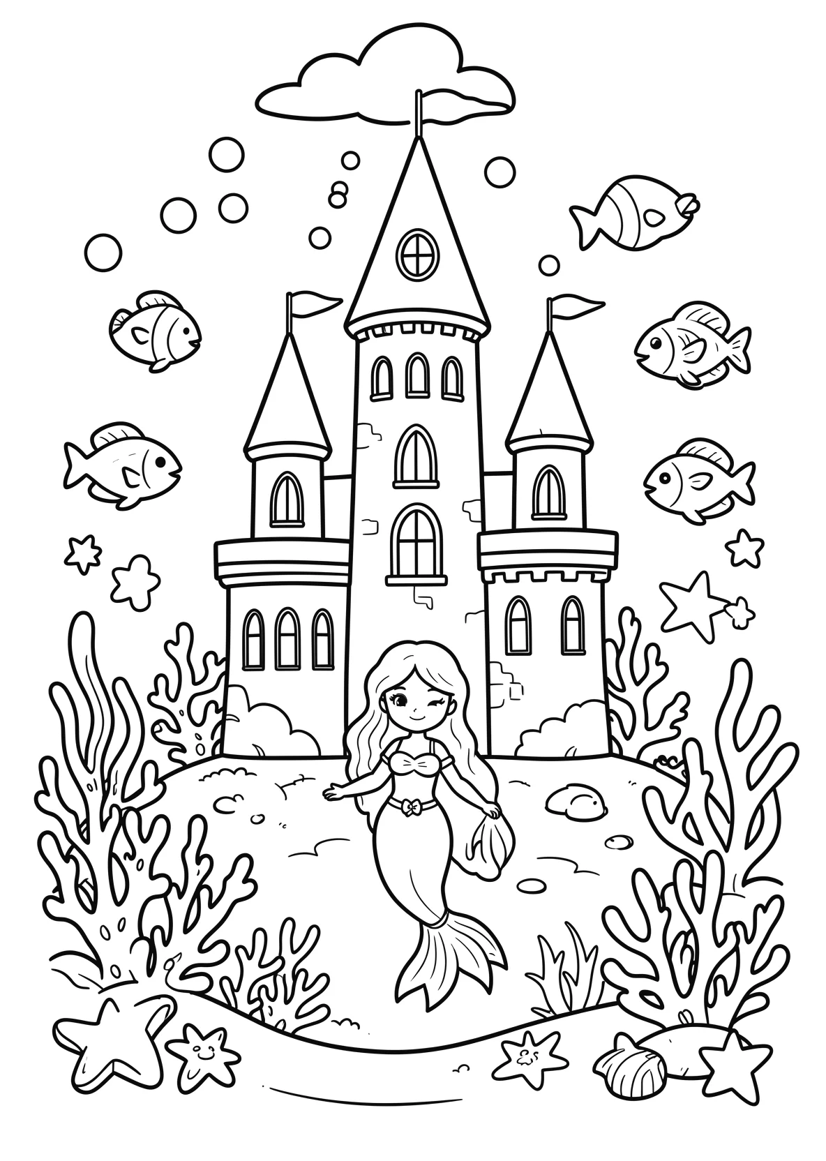 Ausmalbild Unterwasserschloss mit Meerjungfrau - Ausmalbild aus der Kategorie Maerchen - kostenlos ausdrucken