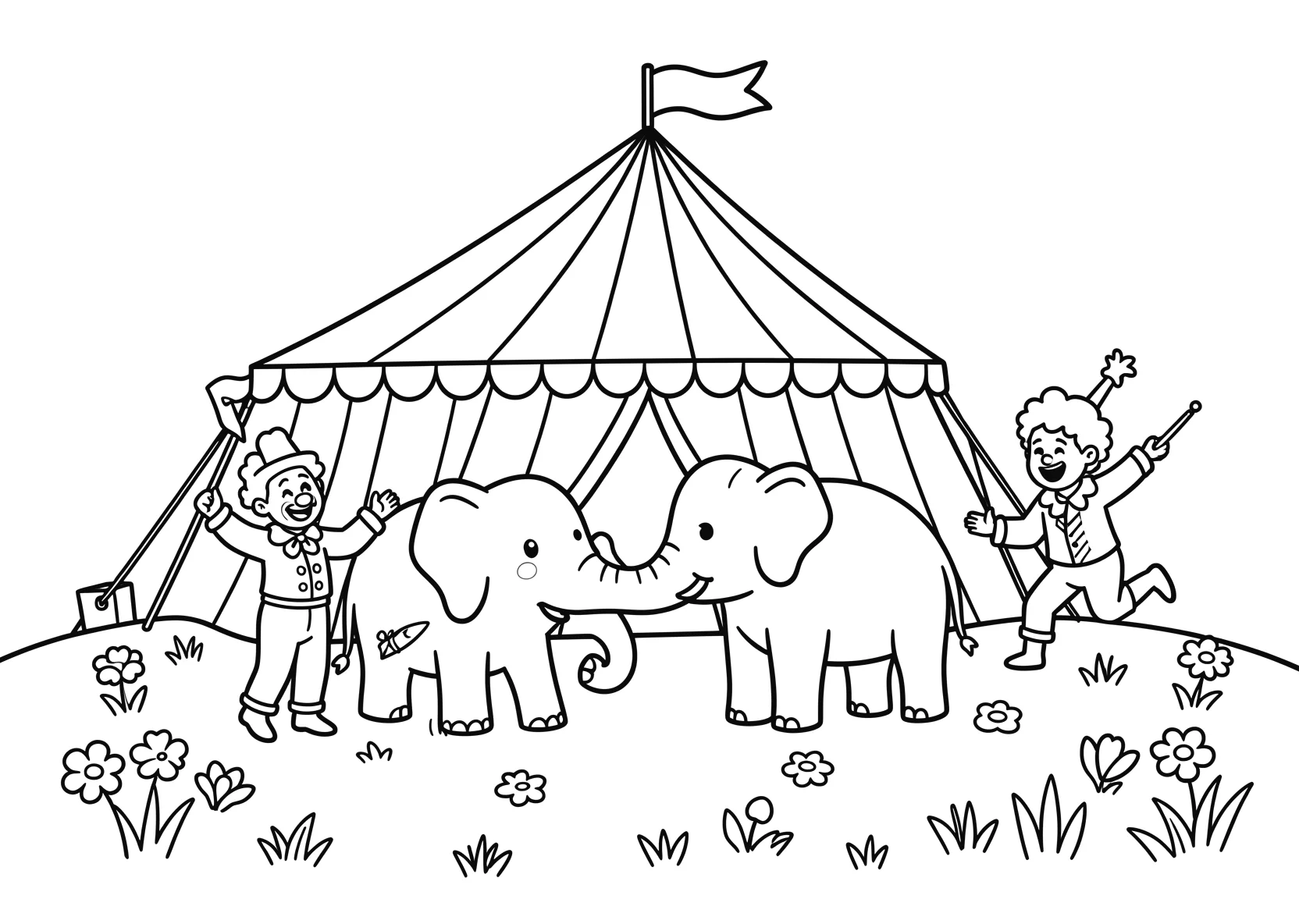 Ausmalbild Zirkuszelt mit Clown - Ausmalbild aus der Kategorie Tiere - kostenlos ausdrucken