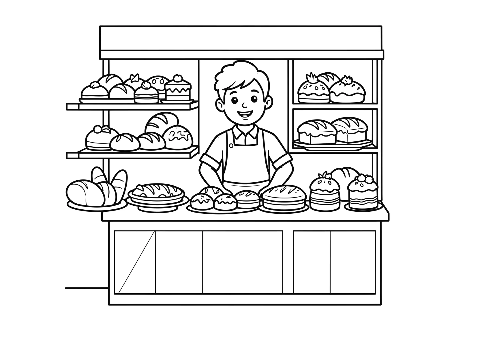 Ausmalbild Bäckerei mit Kuchen - Ausmalbild aus der Kategorie Essen - kostenlos ausdrucken