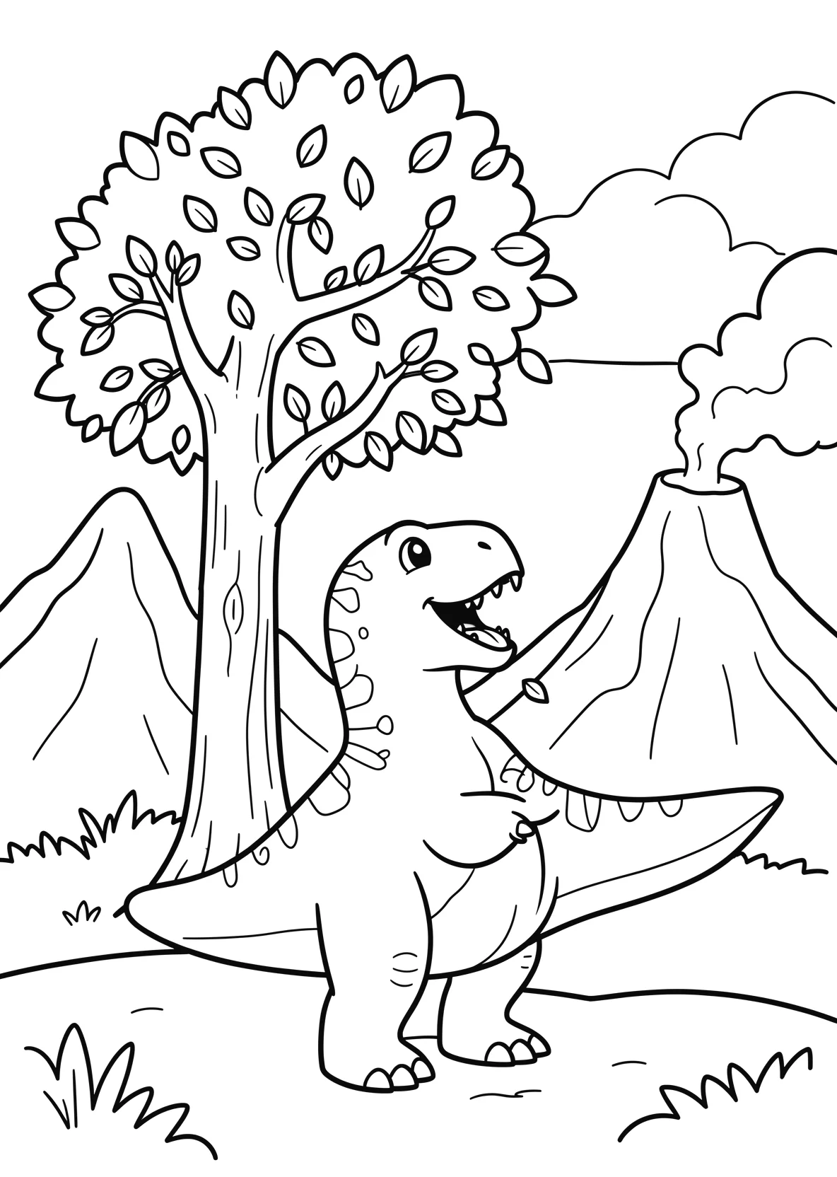 Ausmalbild Dinosaurier frisst Blätter von einem hohen Baum - Ausmalbild aus der Kategorie Tiere - kostenlos ausdrucken