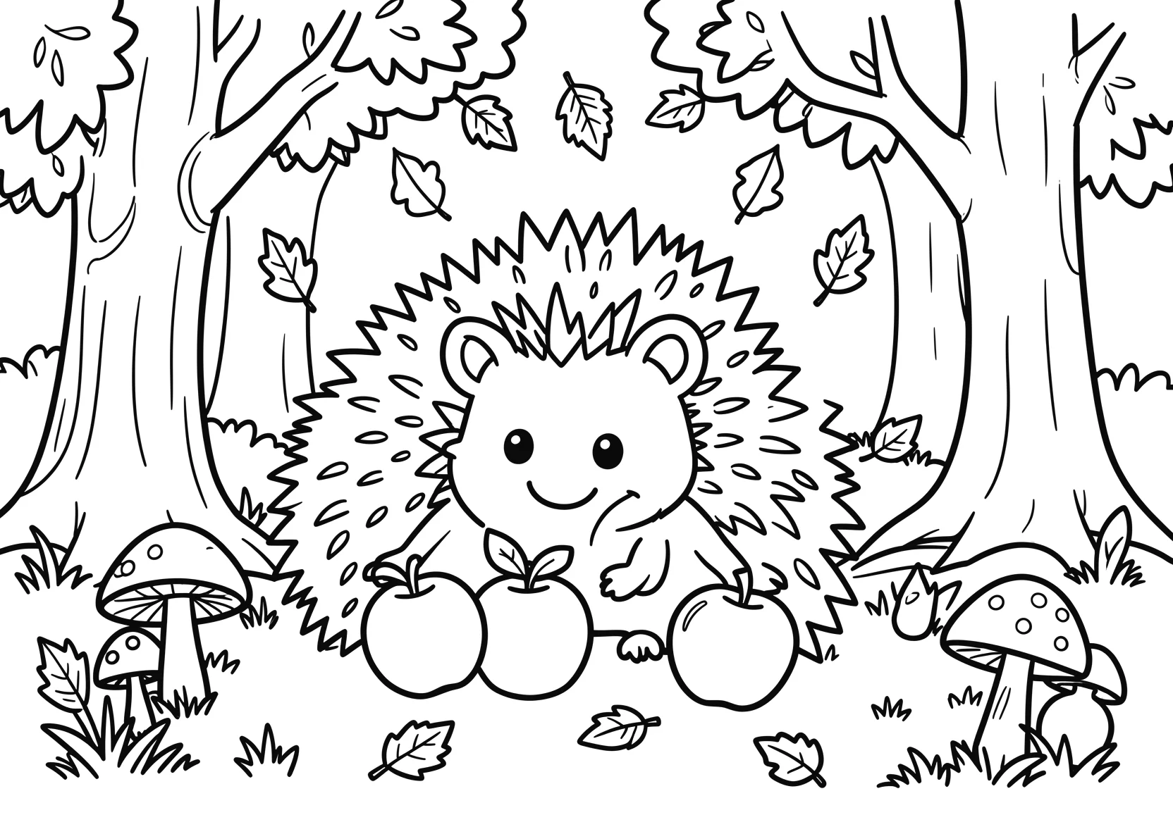 Ausmalbild Igel sammelt Äpfel im Herbstwald mit fallenden - Ausmalbild aus der Kategorie Natur - kostenlos ausdrucken