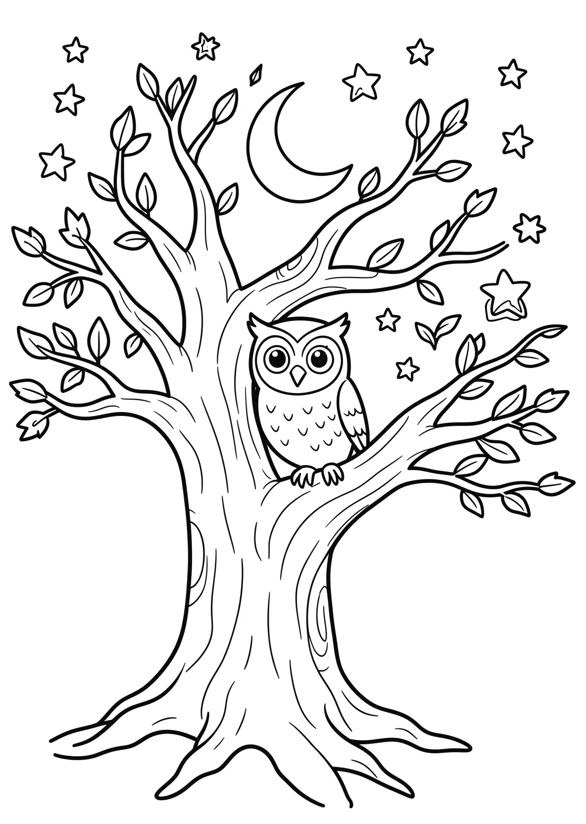 Ausmalbild Eule sitzt in einer alten Eiche bei Nacht mit Mond - Ausmalbild aus der Kategorie Tiere - kostenlos ausdrucken