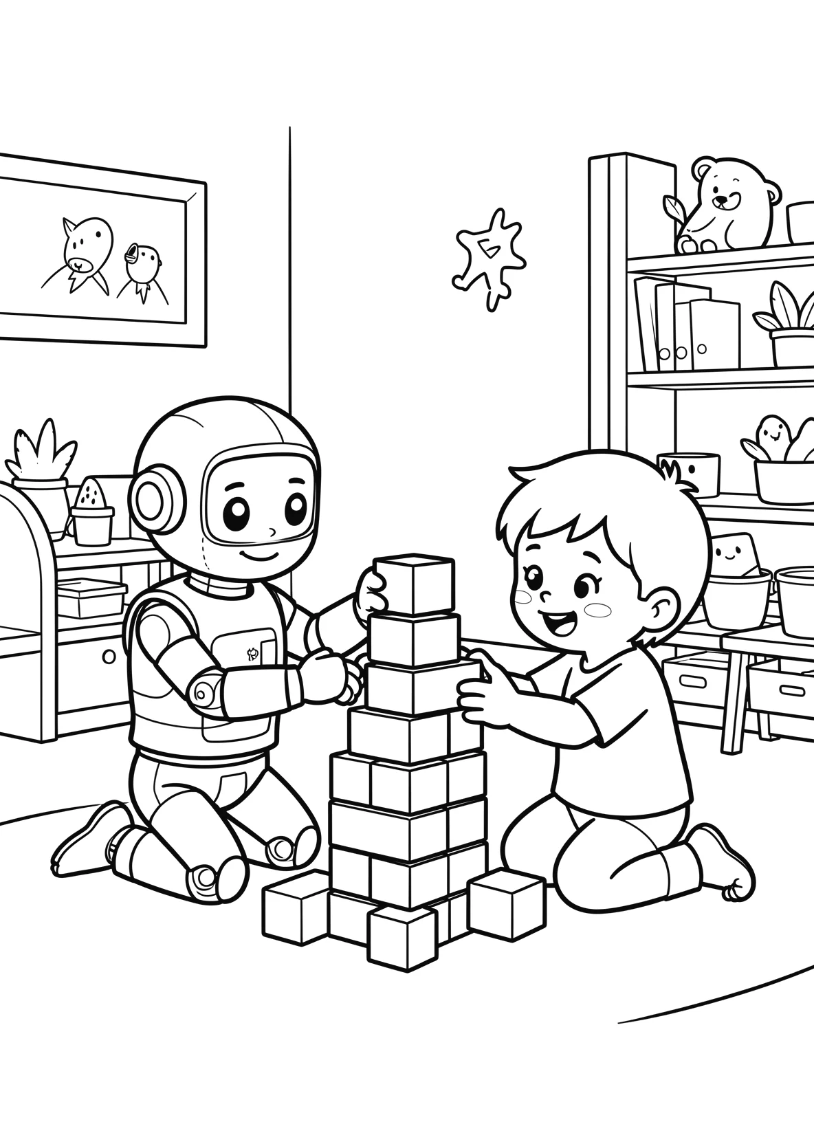 Ausmalbild Roboter und ein Kind bauen zusammen einen Turm - Ausmalbild aus der Kategorie Berufe - kostenlos ausdrucken