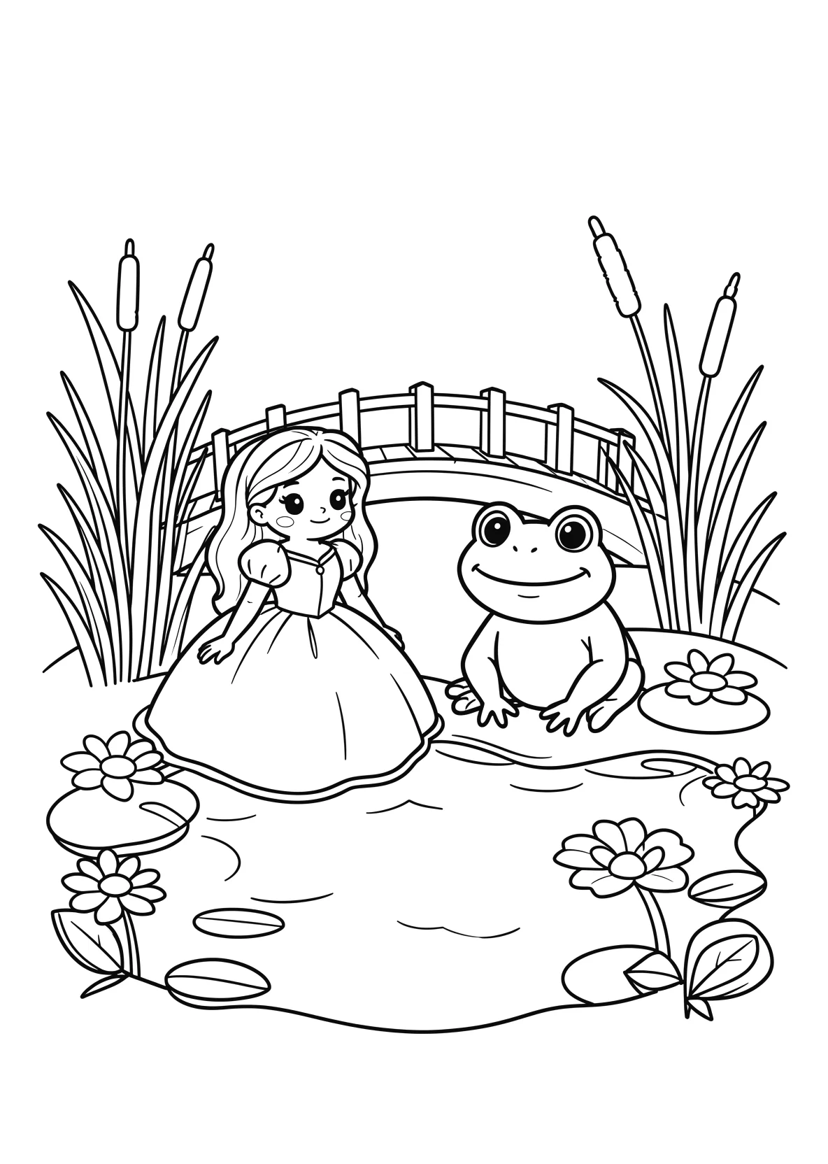 Ausmalbild Prinzessin und ein Frosch sitzen am Teich mit - Ausmalbild aus der Kategorie Maerchen - kostenlos ausdrucken