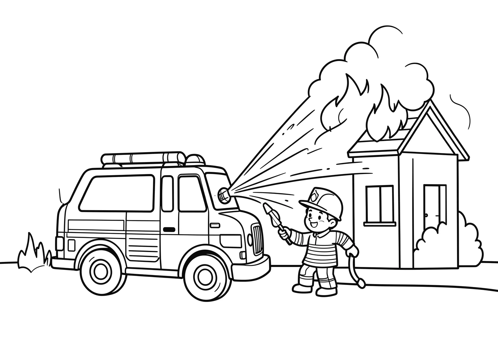 Ausmalbild Feuerwehrauto mit Feuerwehrmann löscht ein Feuer - Ausmalbild aus der Kategorie Fahrzeuge - kostenlos ausdrucken