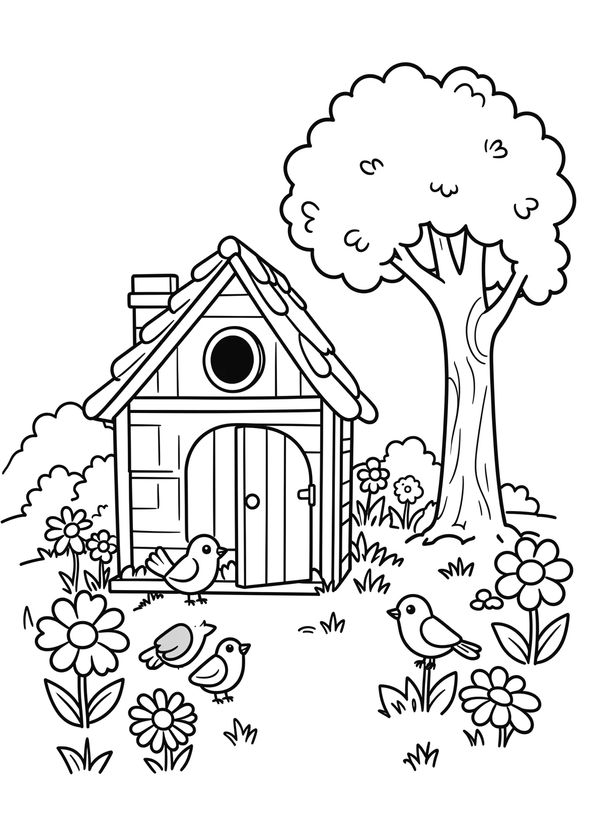 Ausmalbild Vogelhäuschen im Garten mit bunten Vögeln - Ausmalbild aus der Kategorie Natur - kostenlos ausdrucken