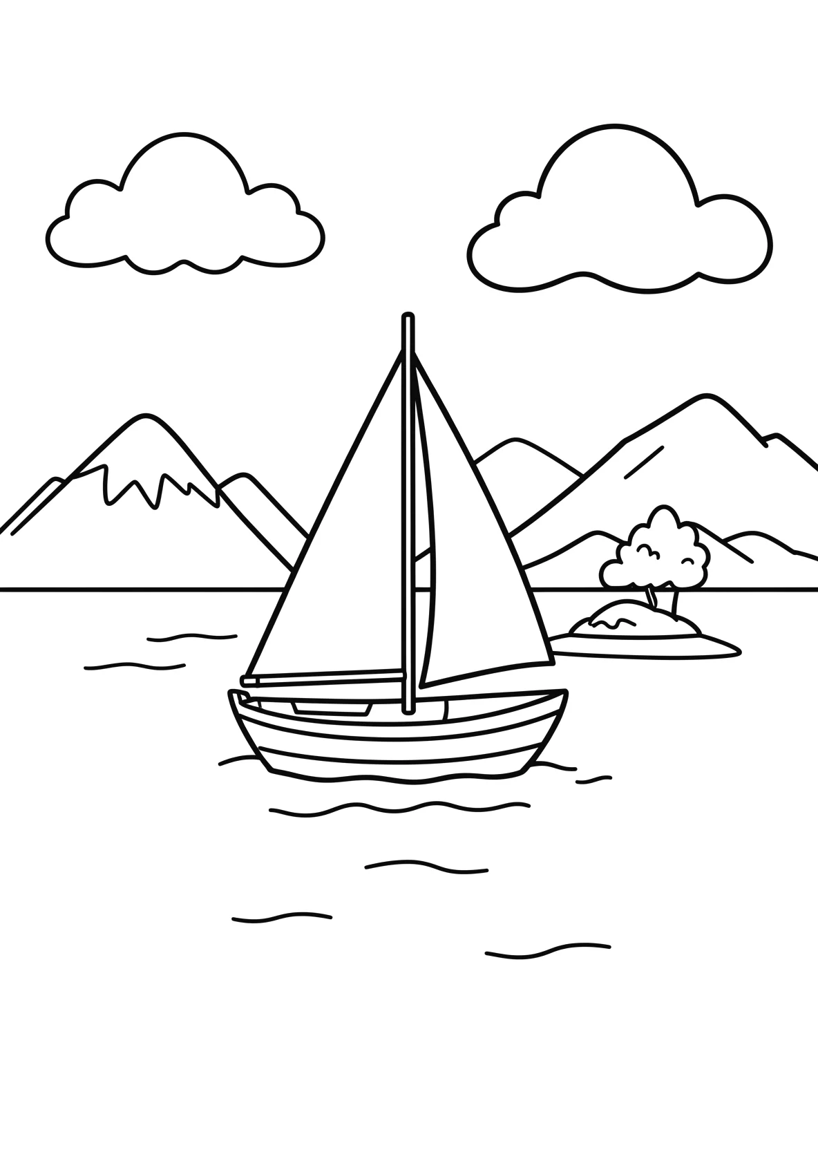 Ausmalbild Segelboot auf einem ruhigen See mit Bergen - Ausmalbild aus der Kategorie Natur - kostenlos ausdrucken