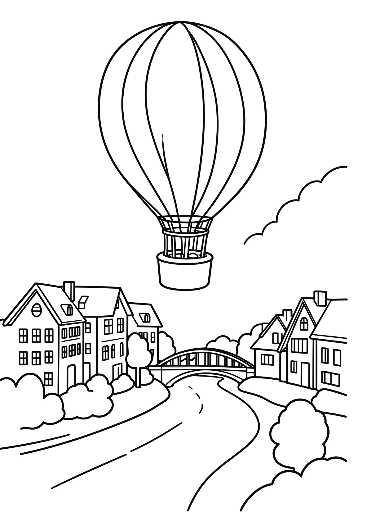 Ausmalbild Heißluftballon fliegt über eine Stadt mit Häusern - Ausmalbild aus der Kategorie Fahrzeuge - kostenlos ausdrucken