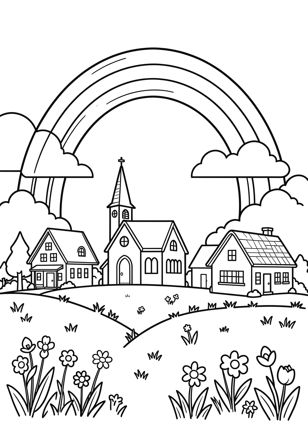 Ausmalbild Regenbogen über einem kleinen Dorf mit Kirche - Ausmalbild aus der Kategorie Natur - kostenlos ausdrucken