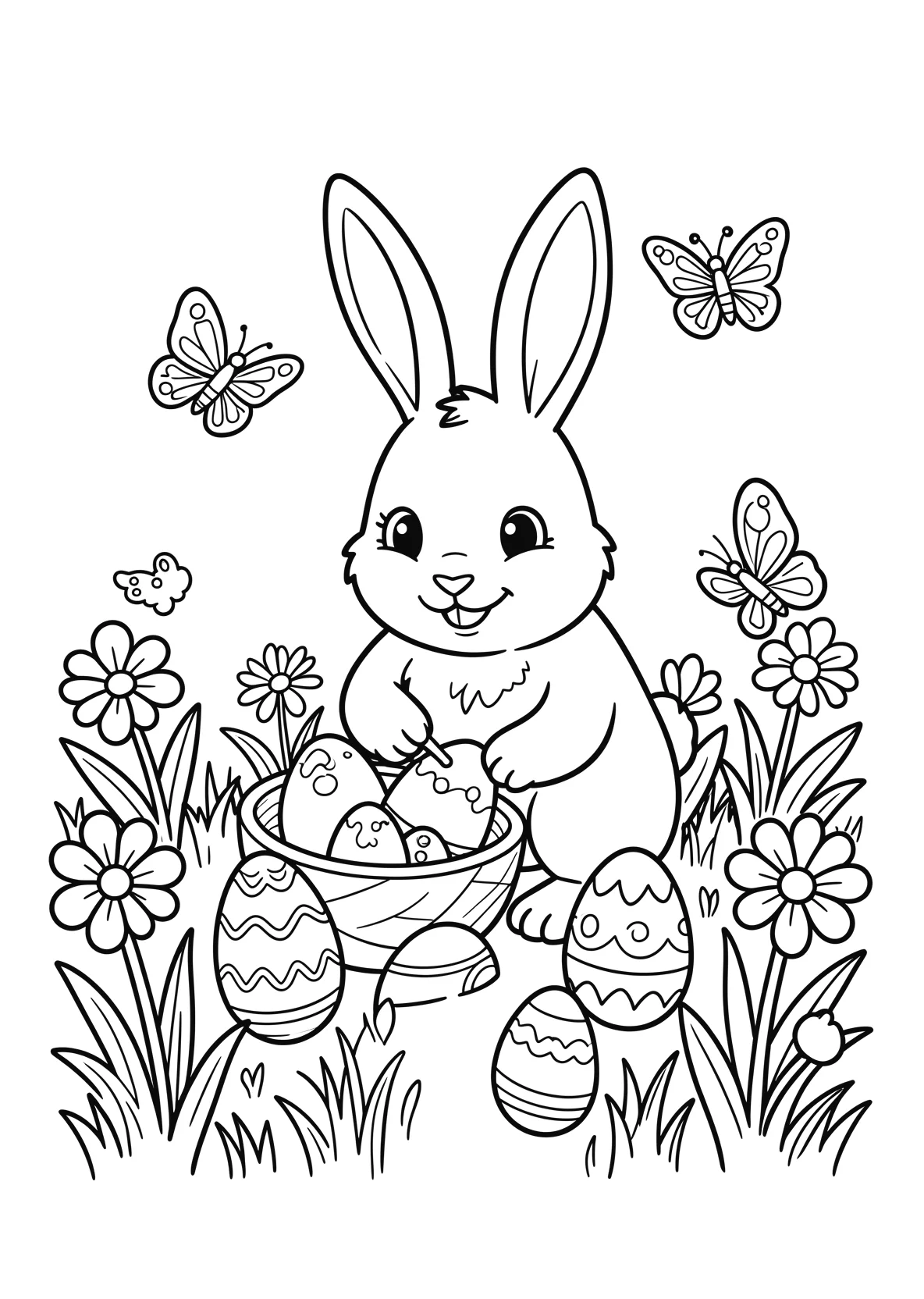 Ausmalbild Osterhase bemalt Eier in einer Blumenwiese mit - Ausmalbild aus der Kategorie Feiertage - kostenlos ausdrucken