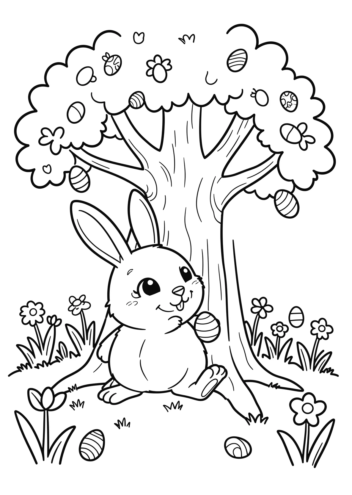 Ausmalbild Osterhase versteckt Eier hinter einem Baum im - Ausmalbild aus der Kategorie Feiertage - kostenlos ausdrucken