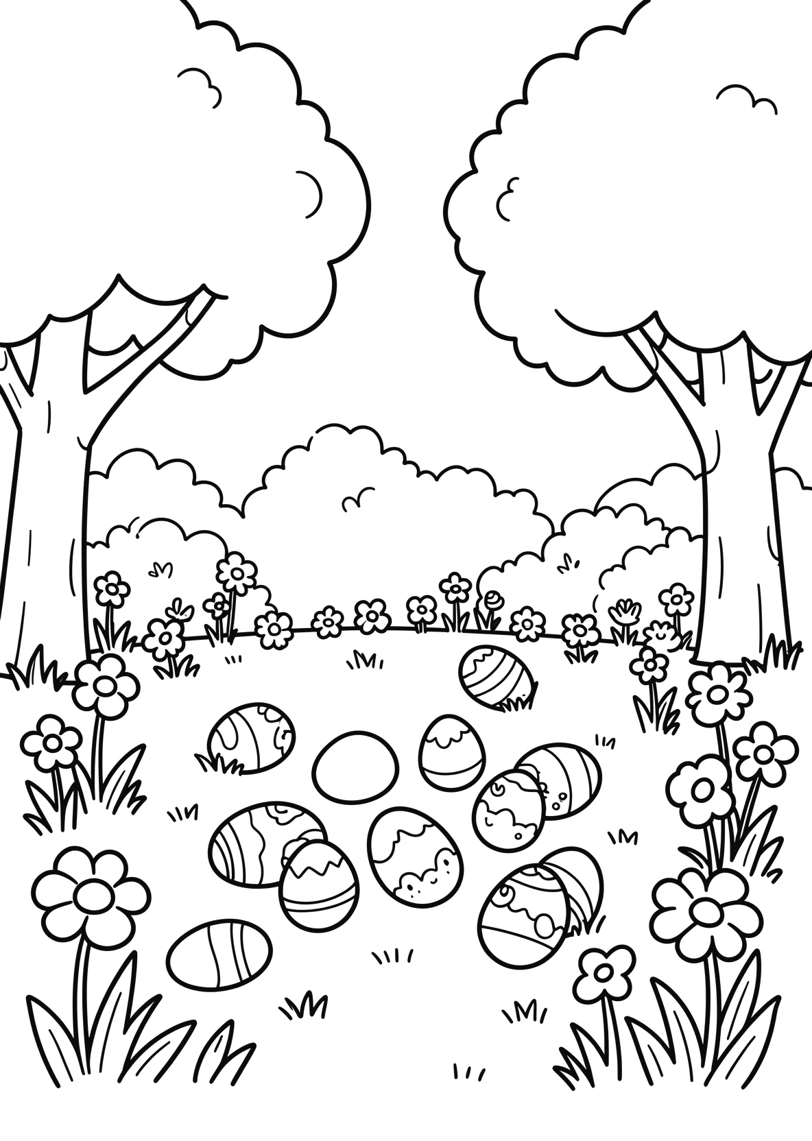 Ausmalbild Kinder suchen Ostereier im Garten mit Blumen - Ausmalbild aus der Kategorie Feiertage - kostenlos ausdrucken